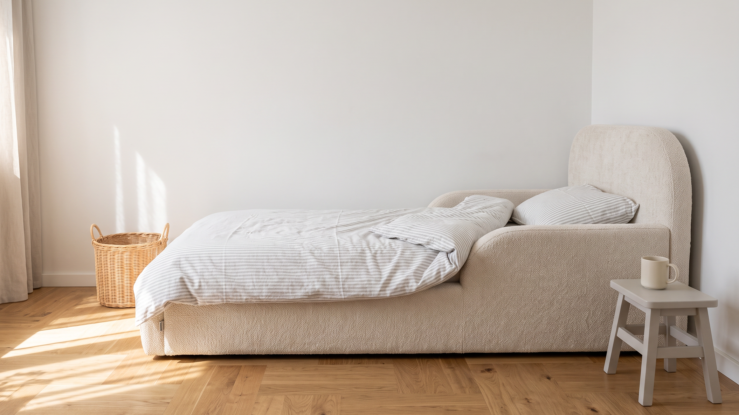 Mila Cloud Kinderbett in Creme mit gestreifter Bettwäsche in einem hellen Zimmer mit Vormittagssonne