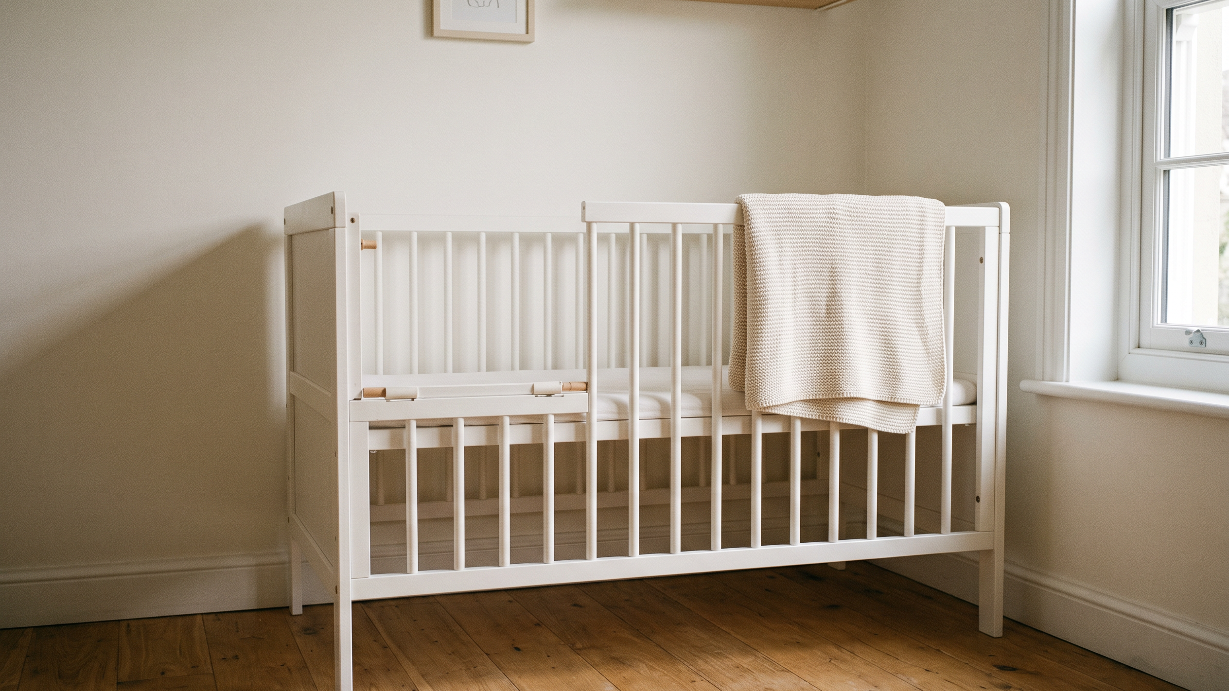 Leeres weisses Gitterbett mit abgesenkter Seite in einem hellen Kinderzimmer