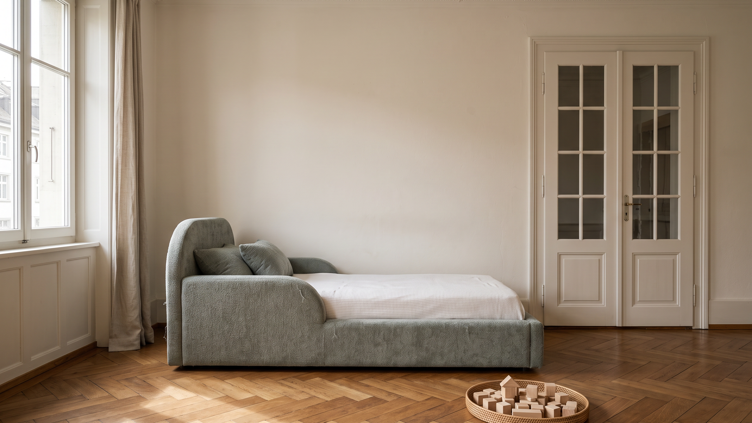 Mila Cloud Kinderbett in Salbeigrau an der Wand eines hellen Altbau-Kinderzimmers mit Fischgraetparkett und Stuckdecke