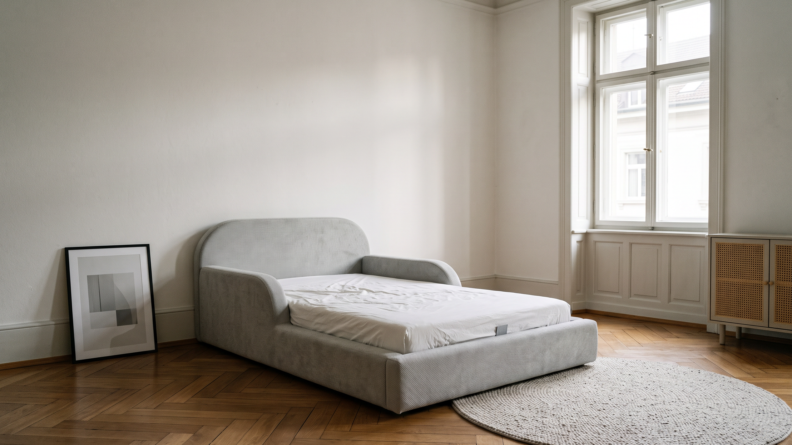 Kinderzimmer im Altbau mit Mila Cloud Kinderbett in Nebelgrau