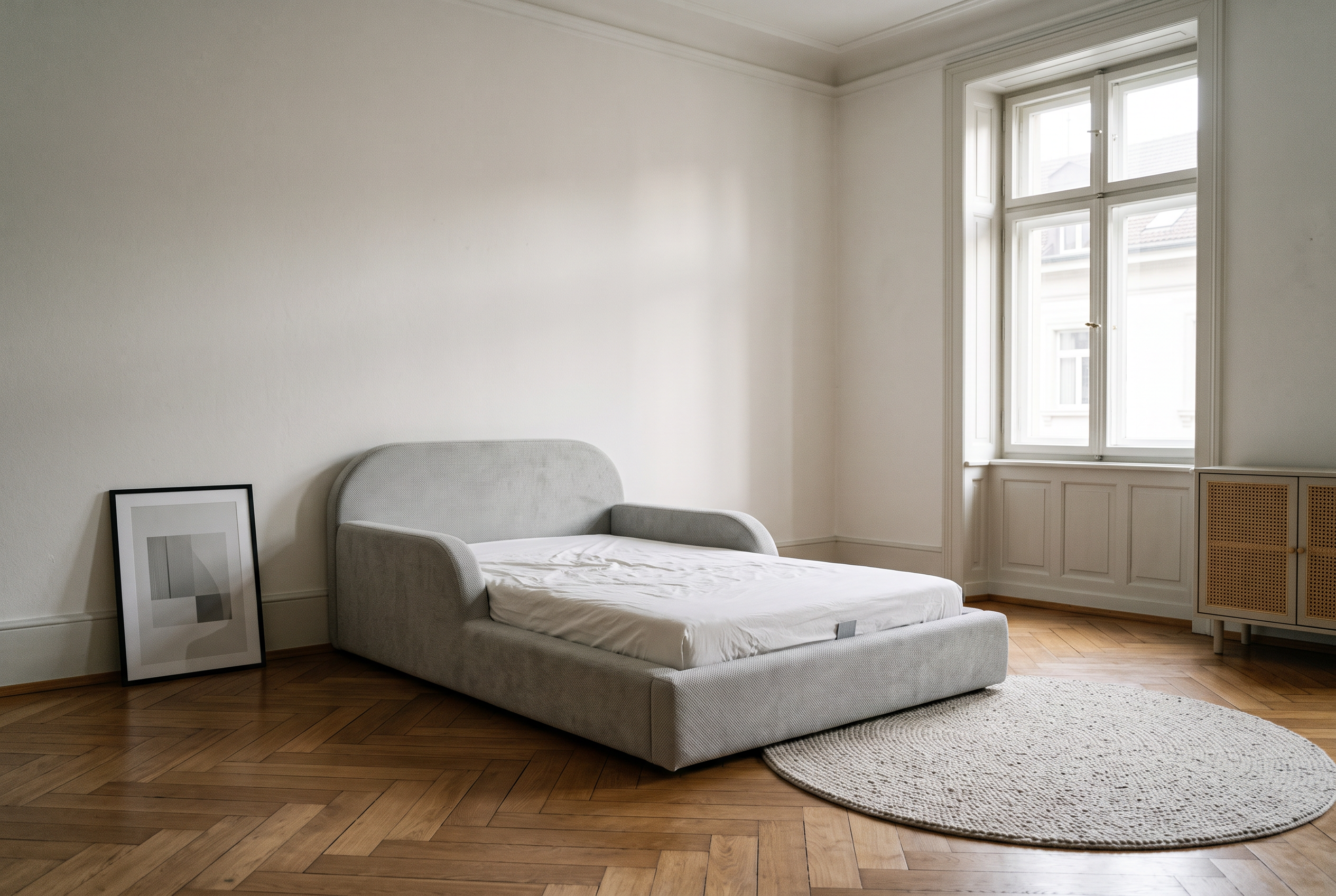 Kinderzimmer im Altbau mit Mila Cloud Kinderbett in Nebelgrau