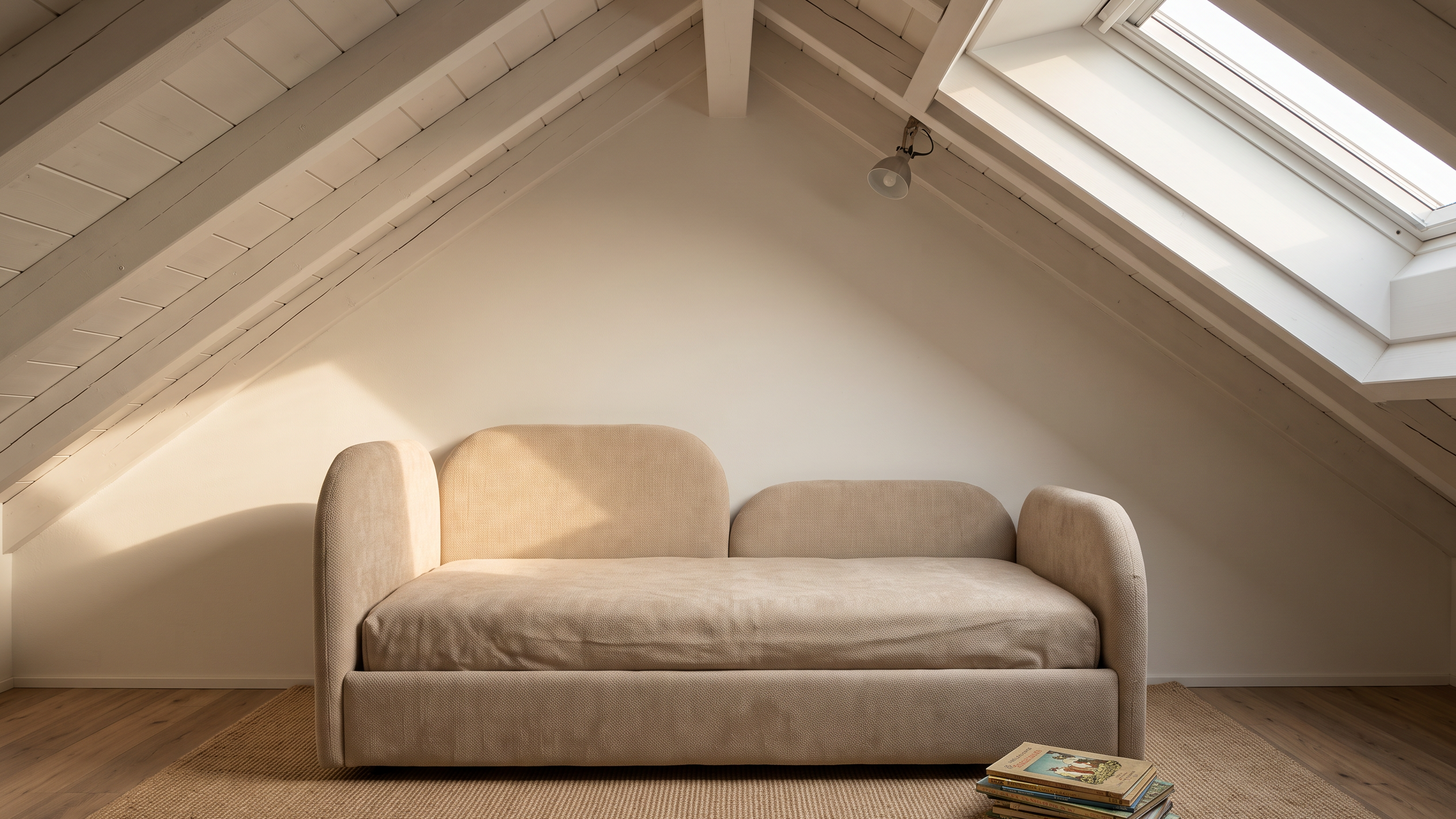 Niedriges gepolstertes Kinderbett in Sandbeige unter der Dachschräge eines Estrichzimmers mit Dachflächenfenster und Sisalteppich