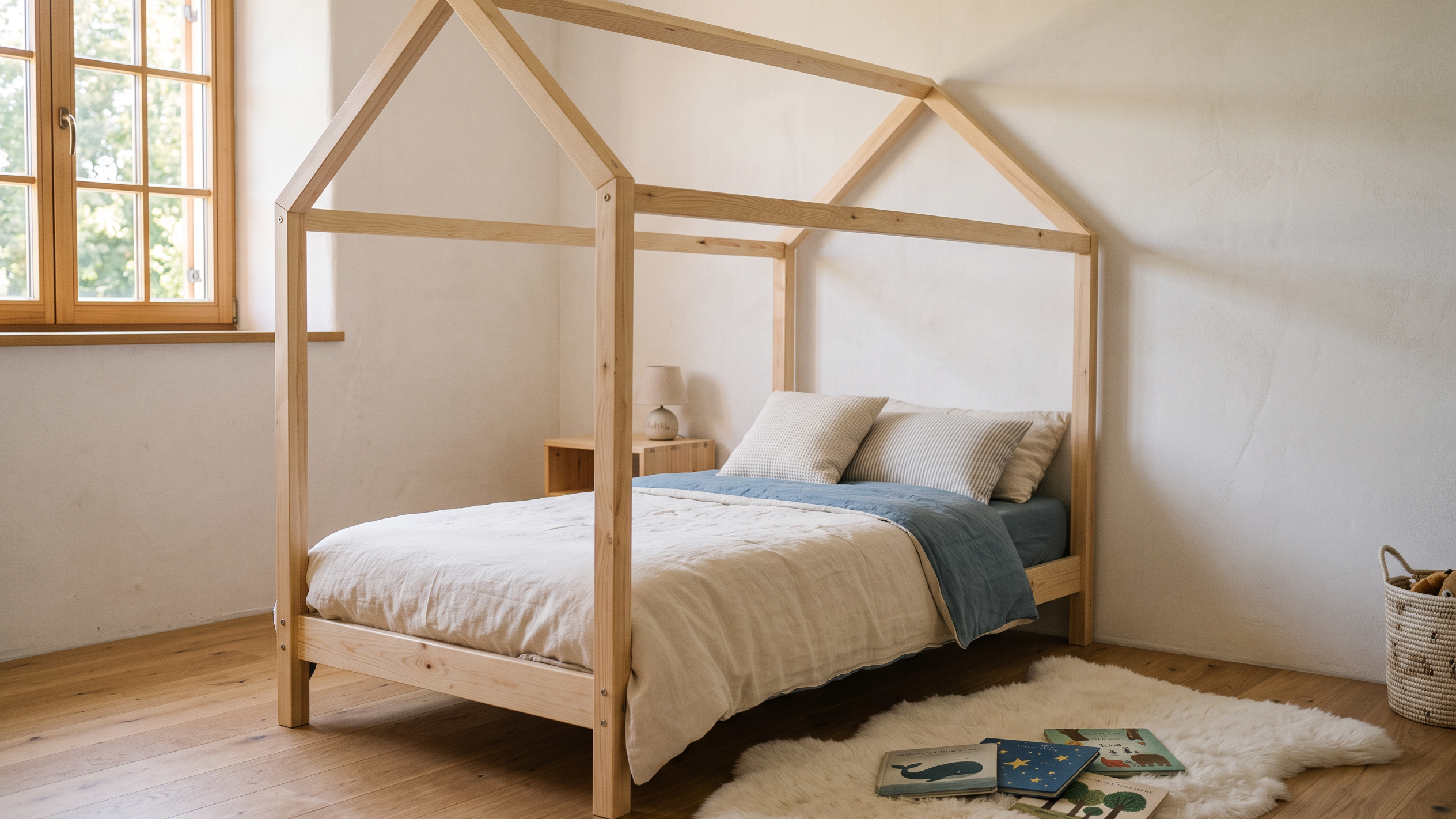 Schlichtes Hausbett aus hellem Holz in einem hellen Kinderzimmer