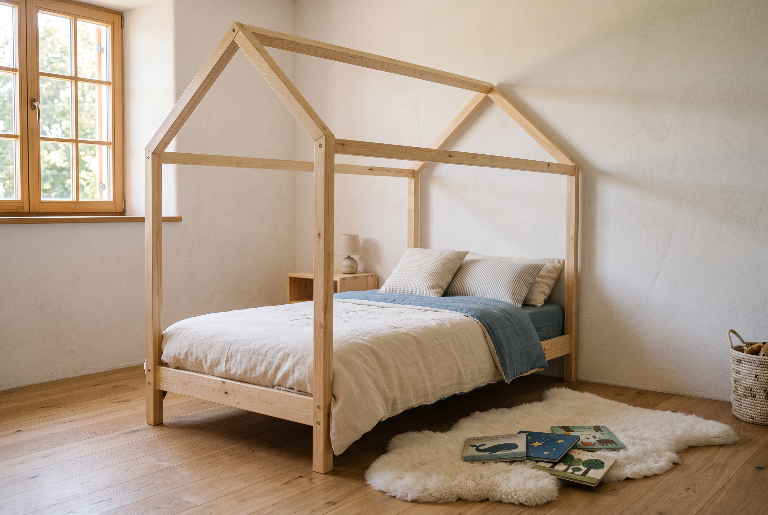 Schlichtes Hausbett aus hellem Holz in einem hellen Kinderzimmer