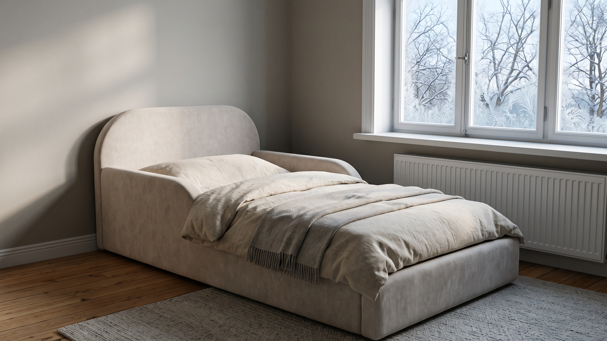 Kinderzimmer im Winter mit Mila Cloud Kinderbett in Sandbeige