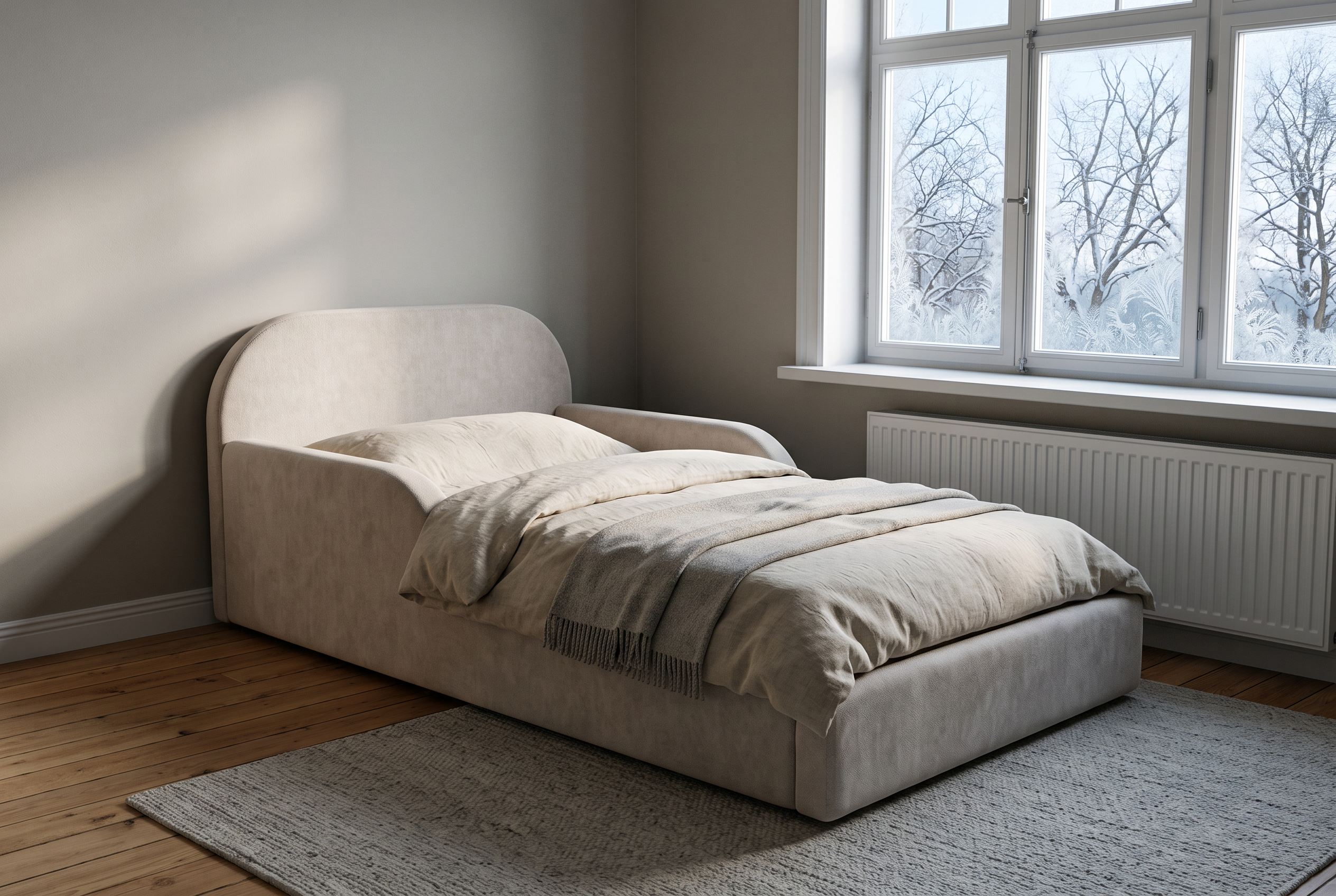 Kinderzimmer im Winter mit Mila Cloud Kinderbett in Sandbeige