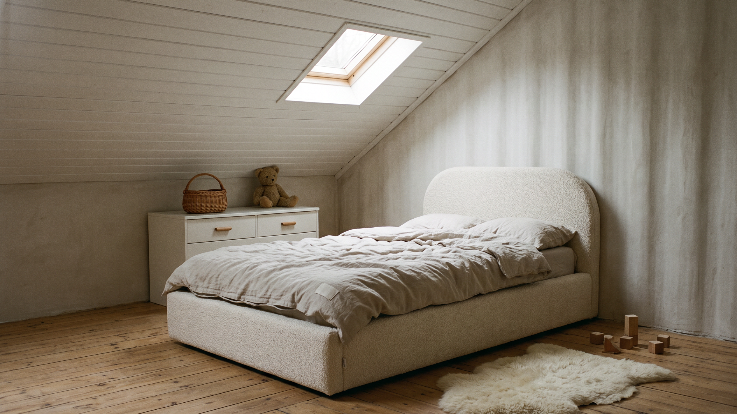 Kinderzimmer unter der Dachschräge mit Mila Cloud Kinderbett in Creme