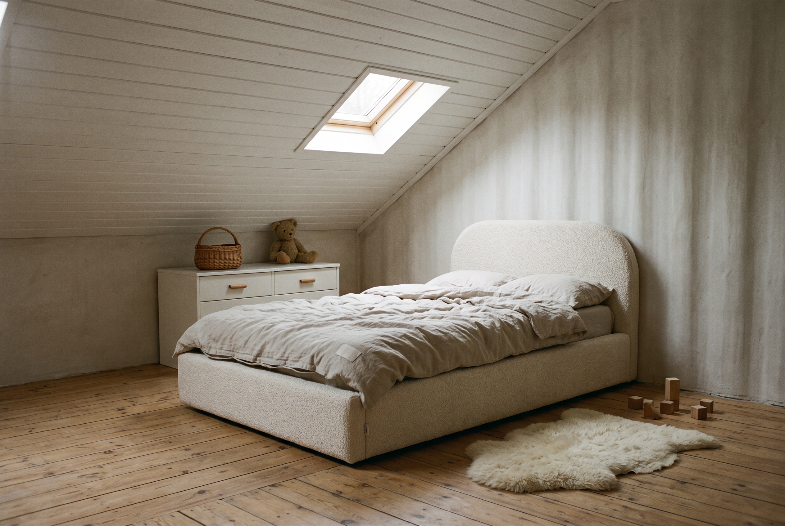 Kinderzimmer unter der Dachschräge mit Mila Cloud Kinderbett in Creme