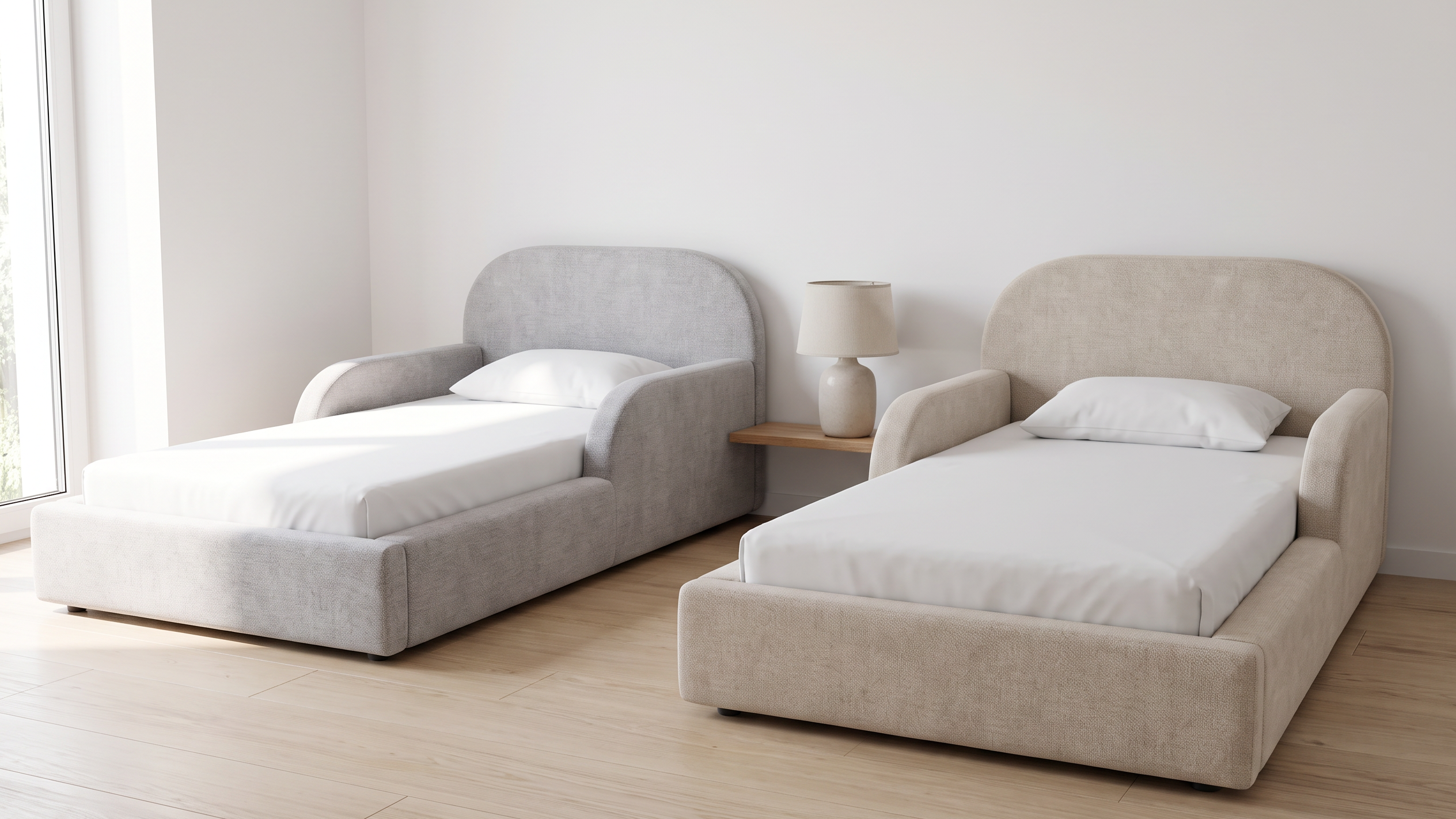 Zwei Mila Cloud Kinderbetten in Hellgrau und Sandbeige in einem Geschwisterzimmer