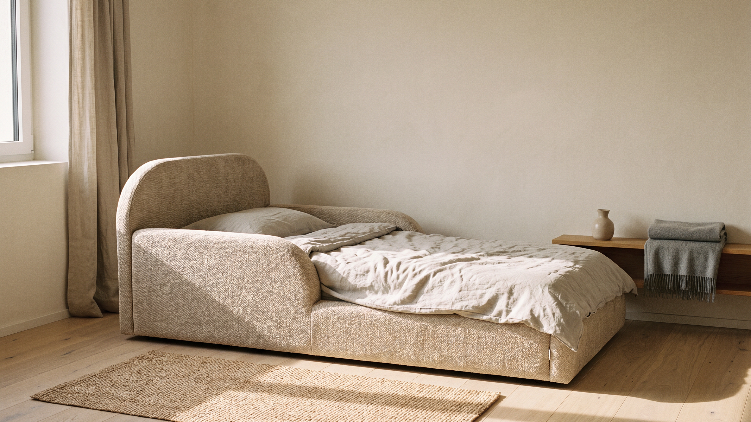 Kinderzimmer mit gepolstertem Mila Cloud Kinderbett in Sandbeige am Nachmittag