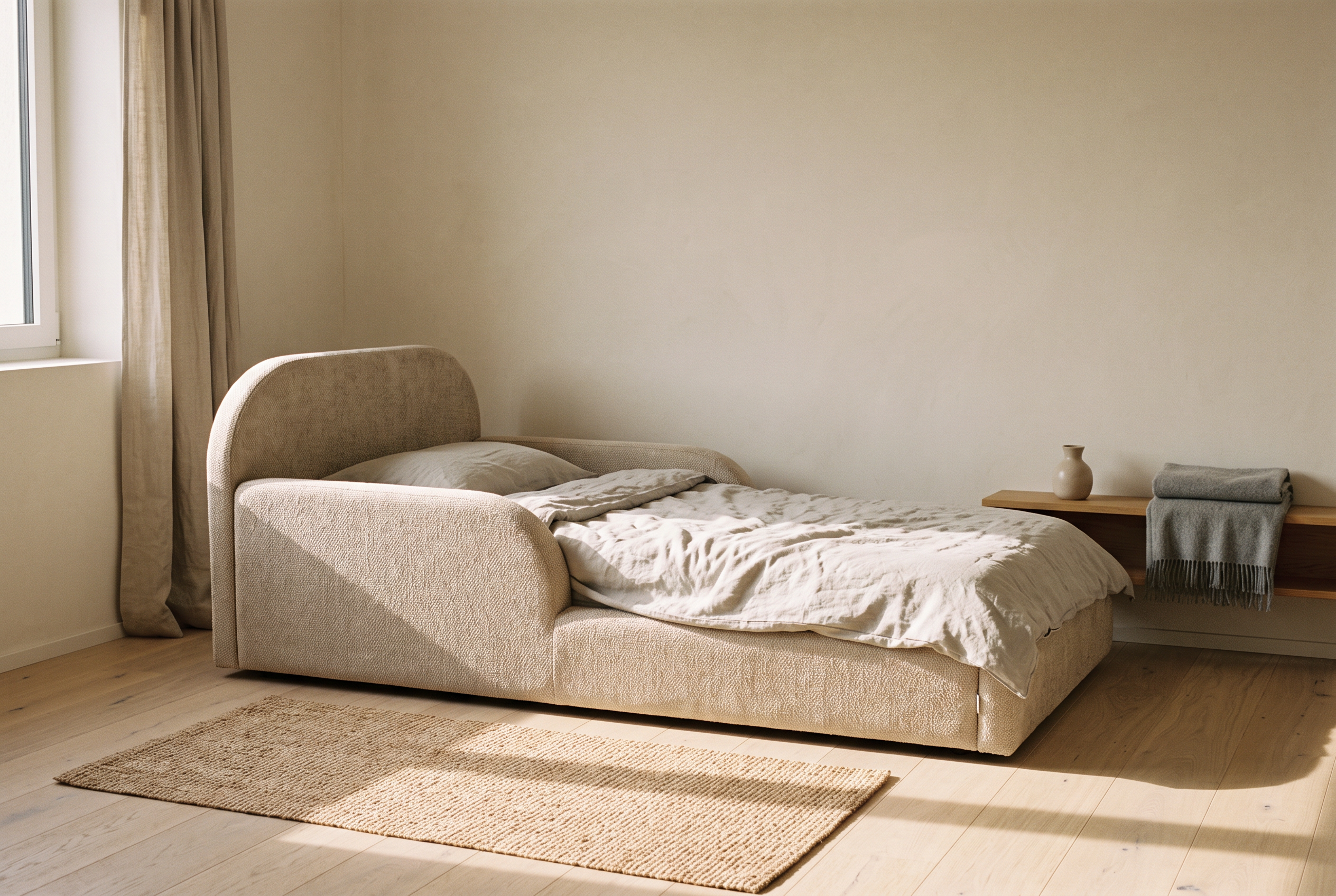 Kinderzimmer mit gepolstertem Mila Cloud Kinderbett in Sandbeige am Nachmittag