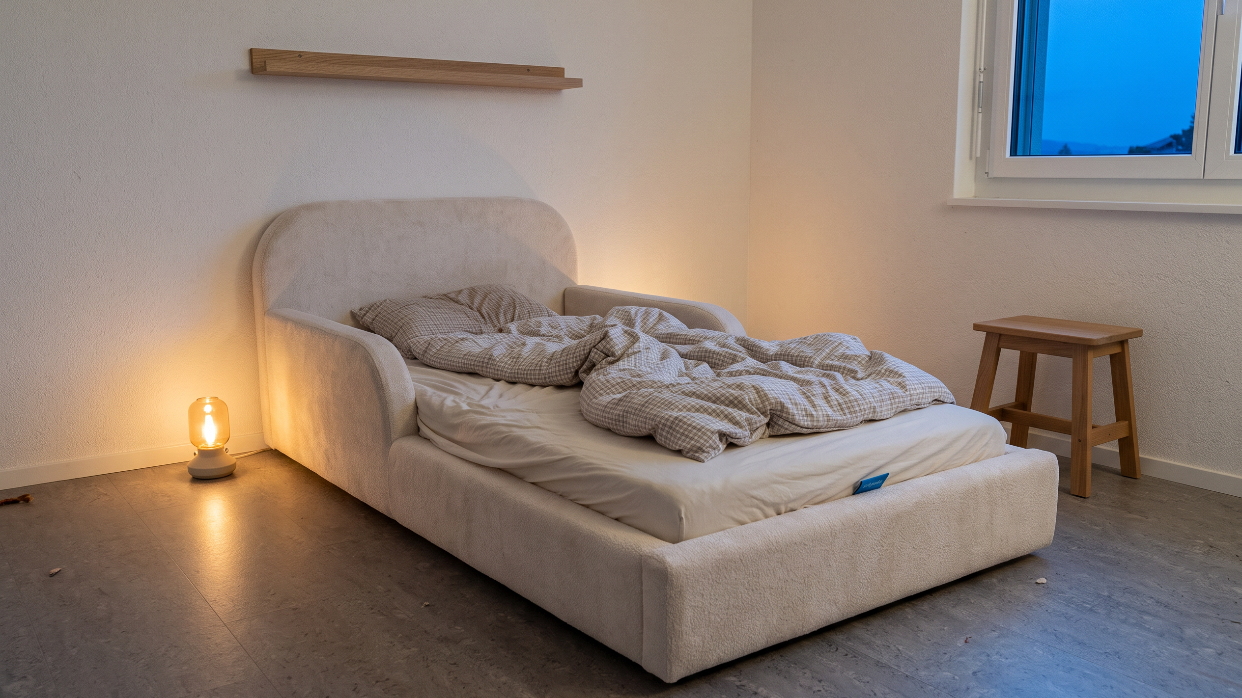 Gepolstertes Mila Cloud Kinderbett in Creme mit zerwuehlter Bettdecke im Kinderzimmer am fruehen Abend
