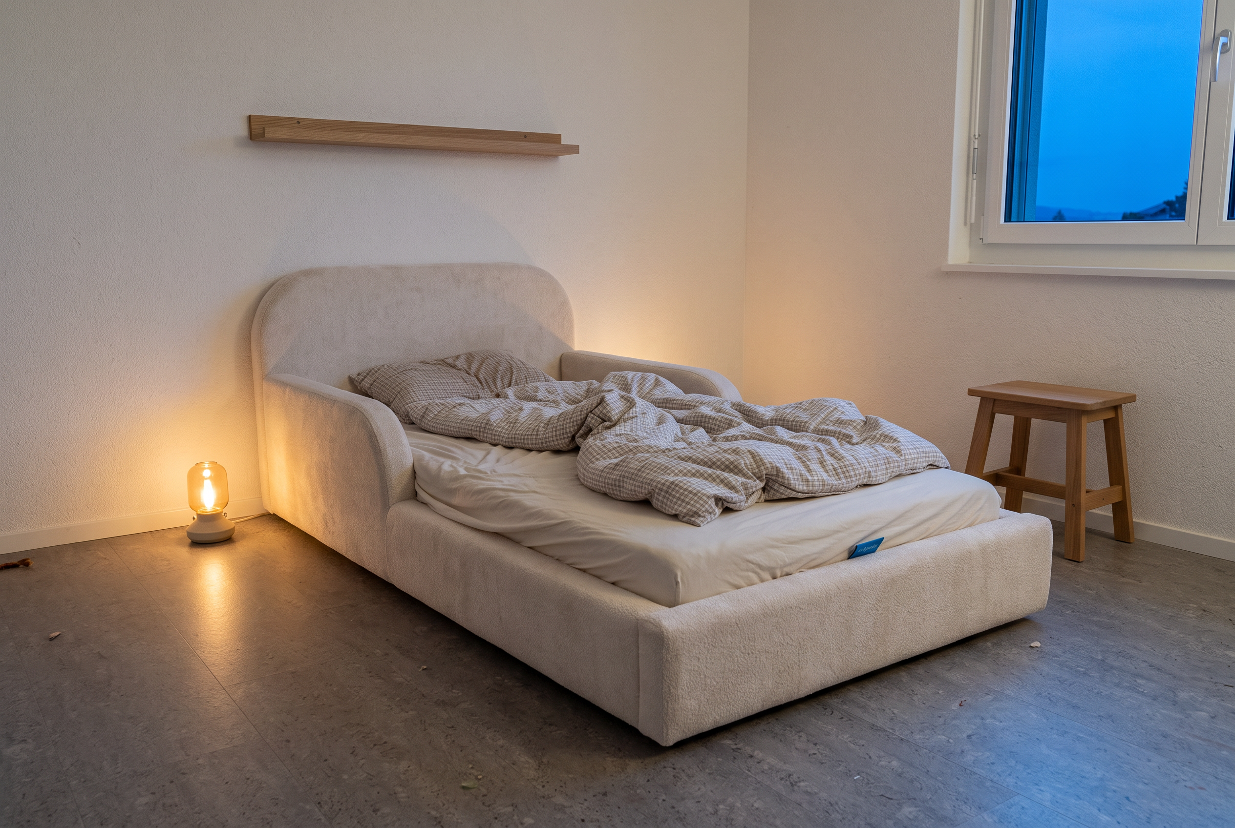 Gepolstertes Mila Cloud Kinderbett in Creme mit zerwuehlter Bettdecke im Kinderzimmer am fruehen Abend