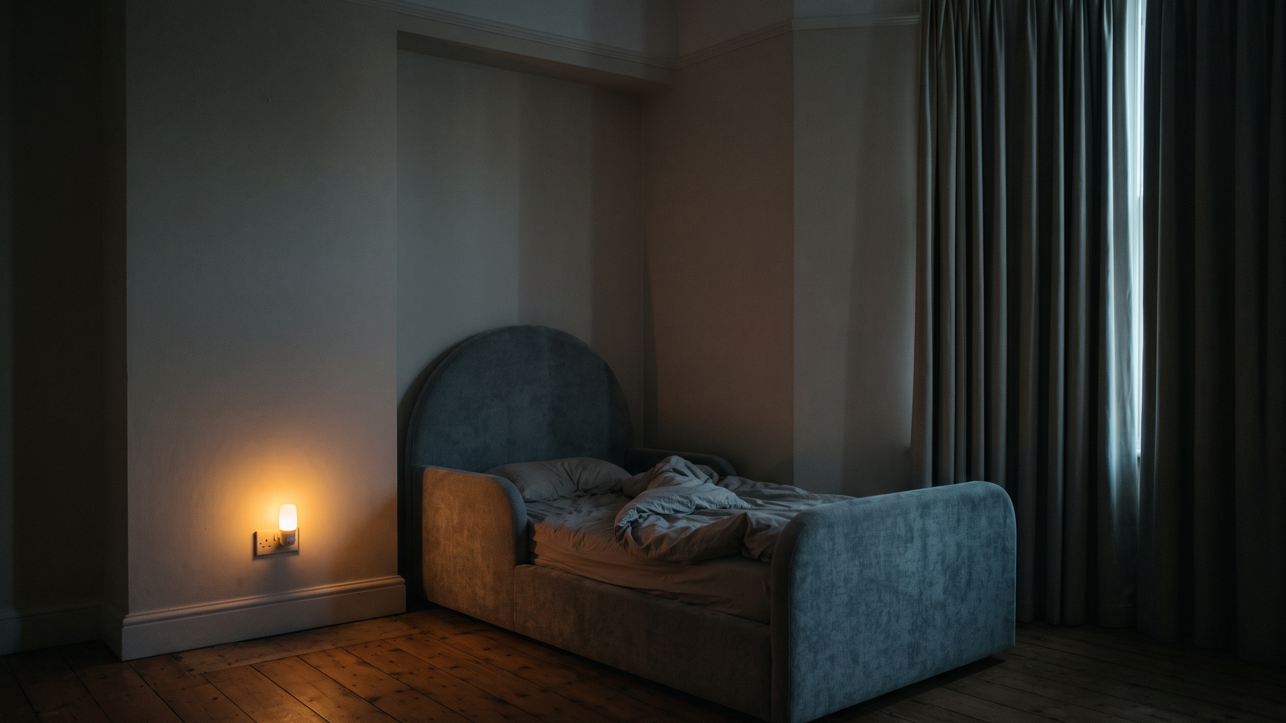 Mila Cloud Kinderbett in Nebelgrau nachts, beleuchtet nur von einem Nachtlicht