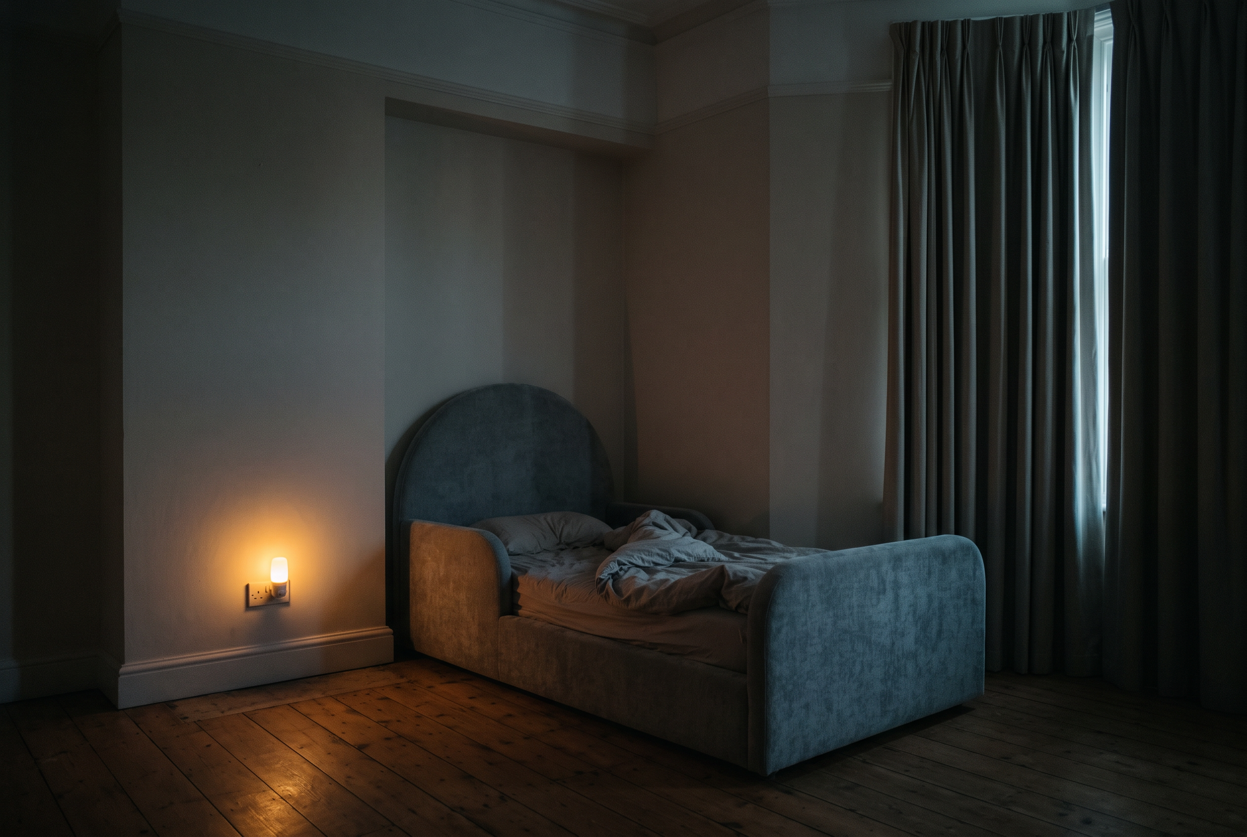 Mila Cloud Kinderbett in Nebelgrau nachts, beleuchtet nur von einem Nachtlicht