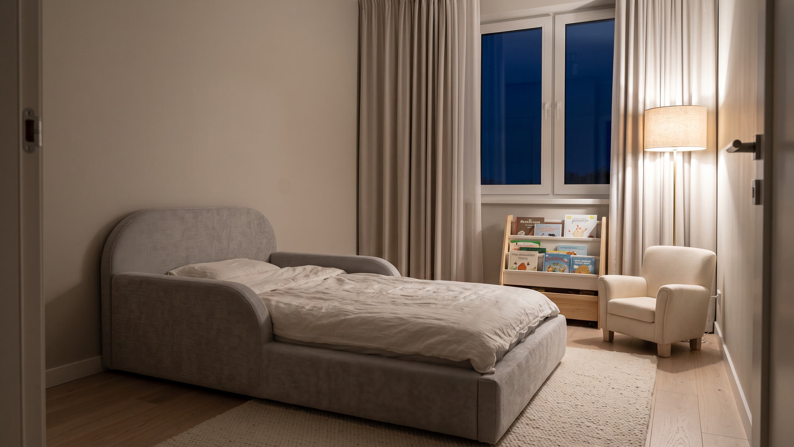 Kinderzimmer bei Nacht mit dem Mila Cloud Kinderbett in Hellgrau und einer warmen Bodenleuchte in der Leseecke