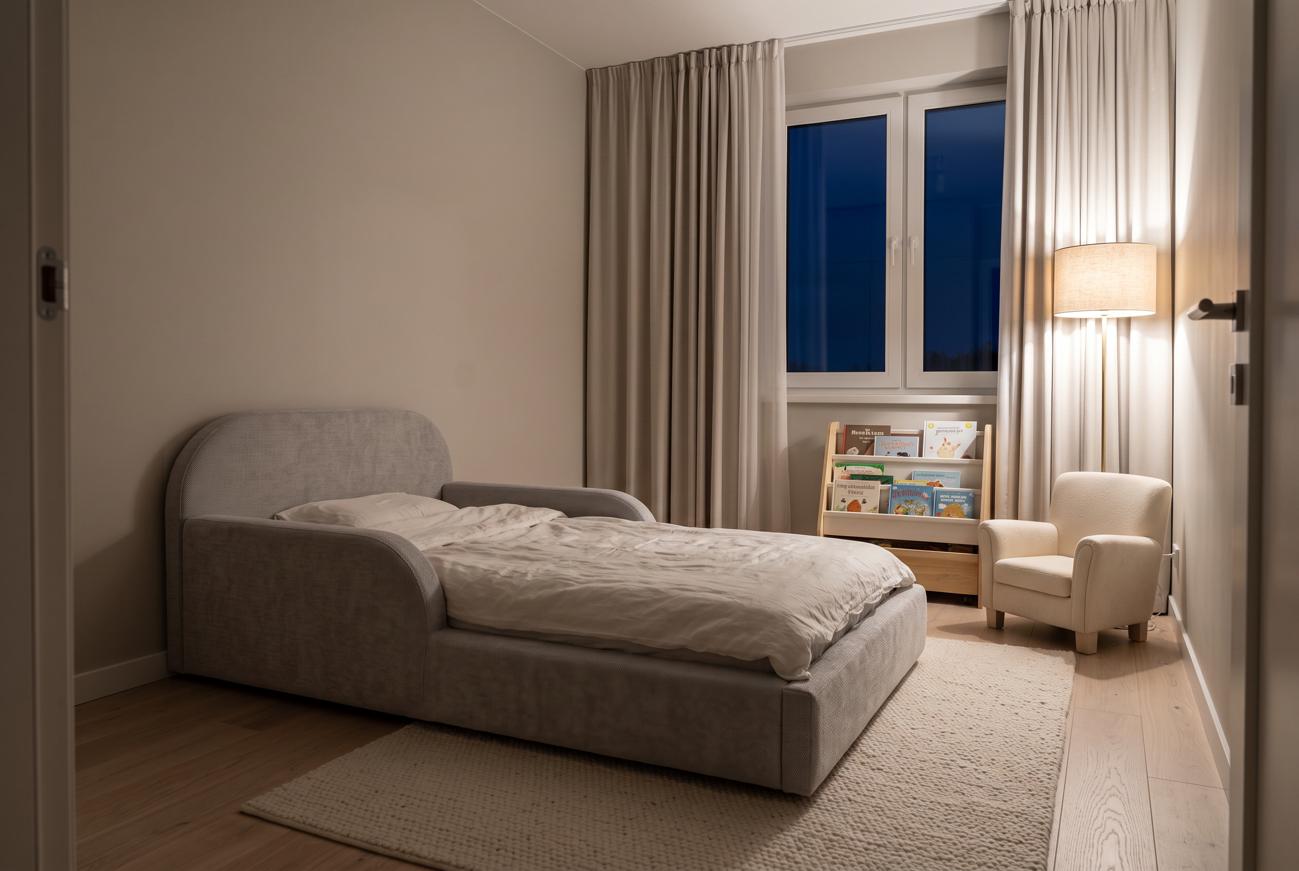 Kinderzimmer bei Nacht mit dem Mila Cloud Kinderbett in Hellgrau und einer warmen Bodenleuchte in der Leseecke