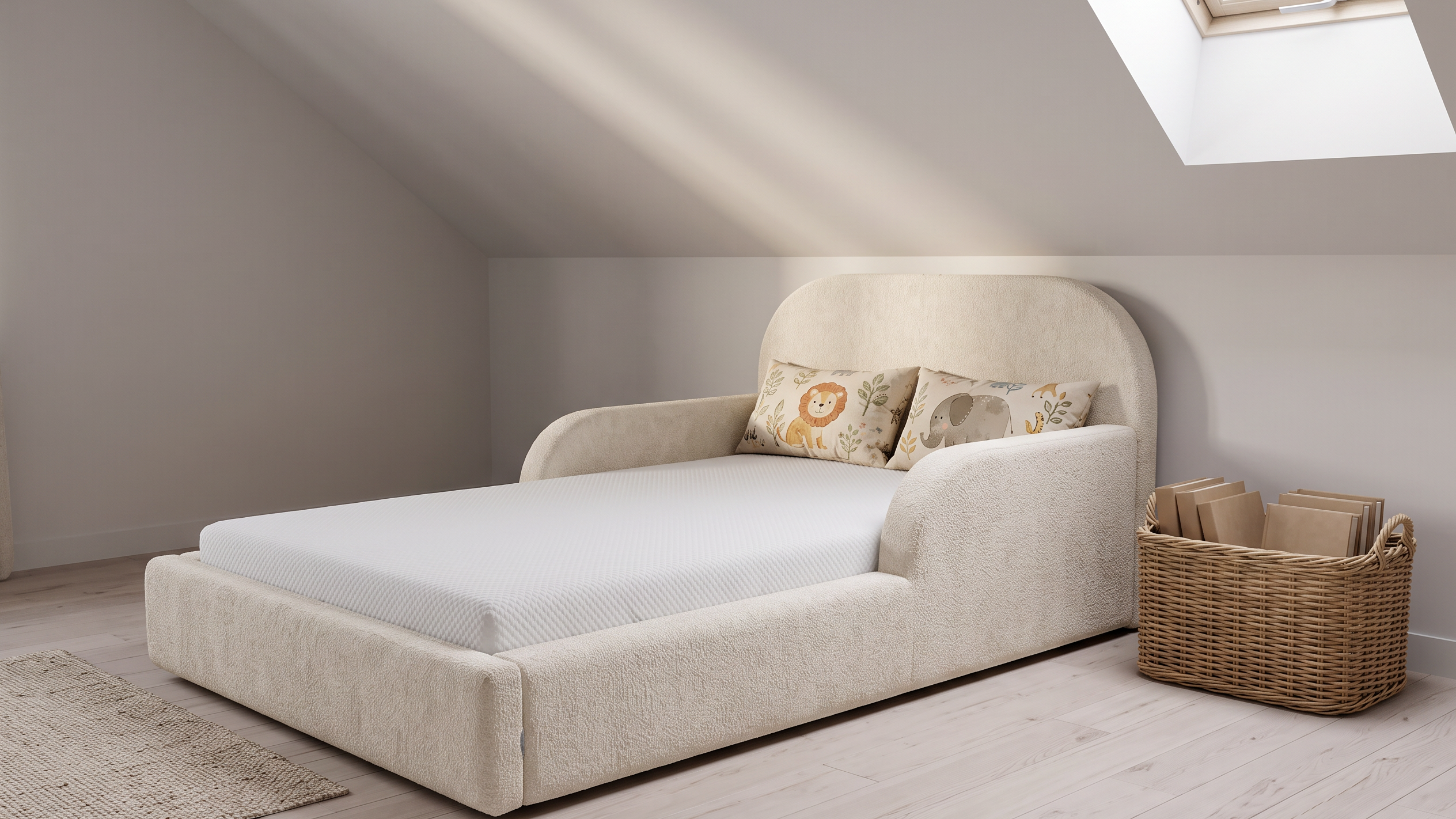 Mila Cloud Kinderbett in Creme unter einer Dachschräge mit Dachfenster