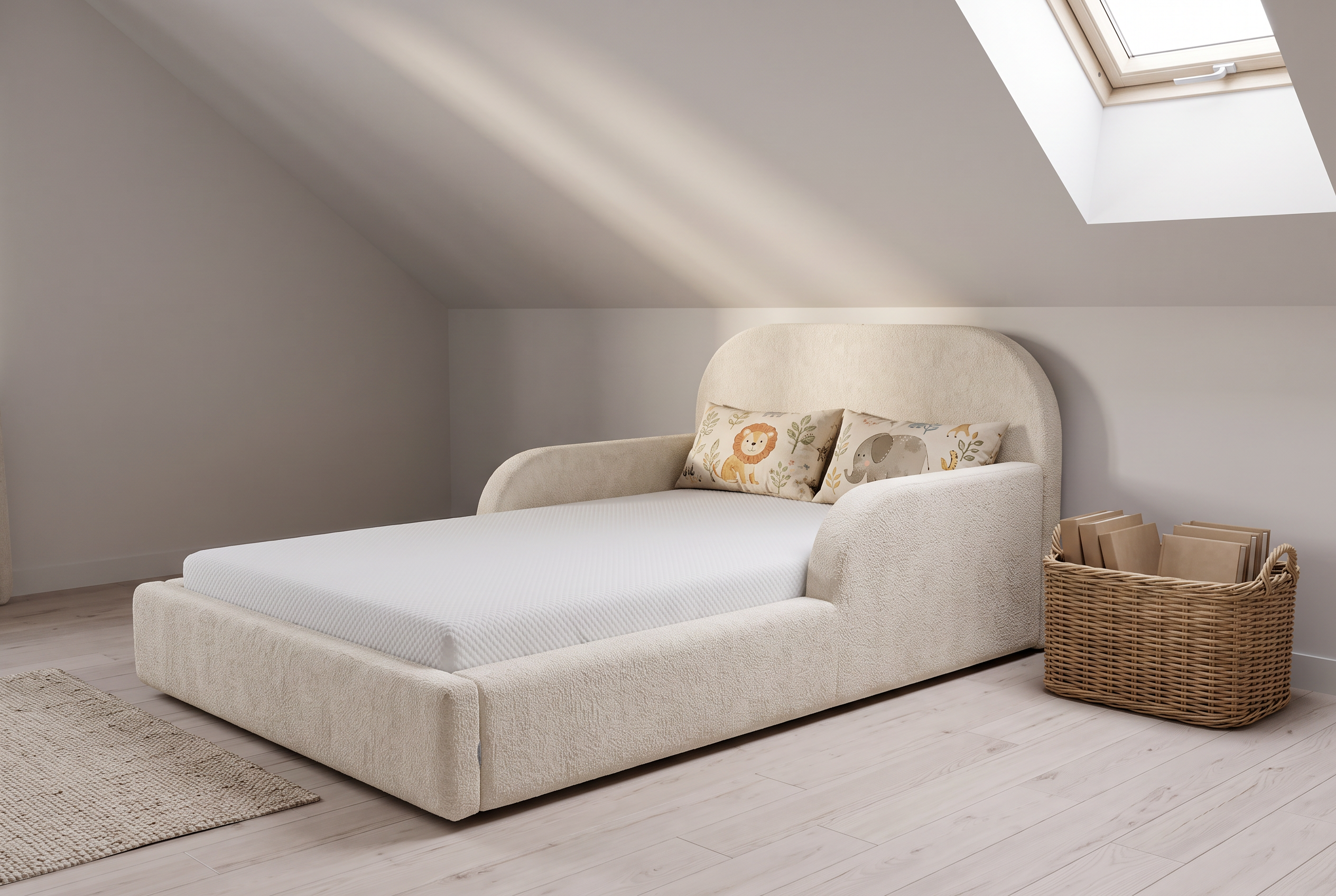 Mila Cloud Kinderbett in Creme unter einer Dachschräge mit Dachfenster