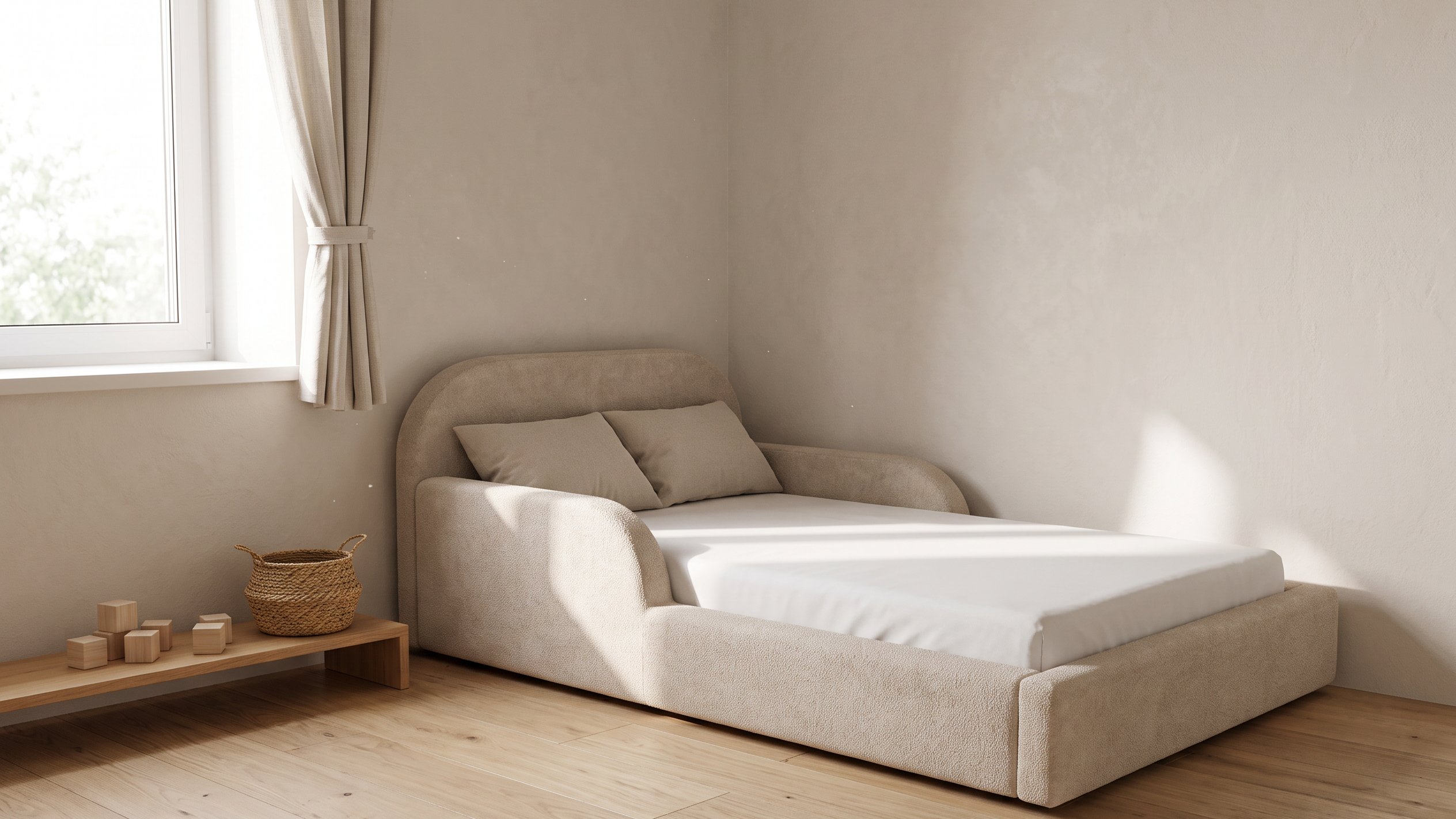 Gepolstertes Mila Cloud Kinderbett in Sandbeige vor einer schlichten Kalkputzwand im Morgenlicht