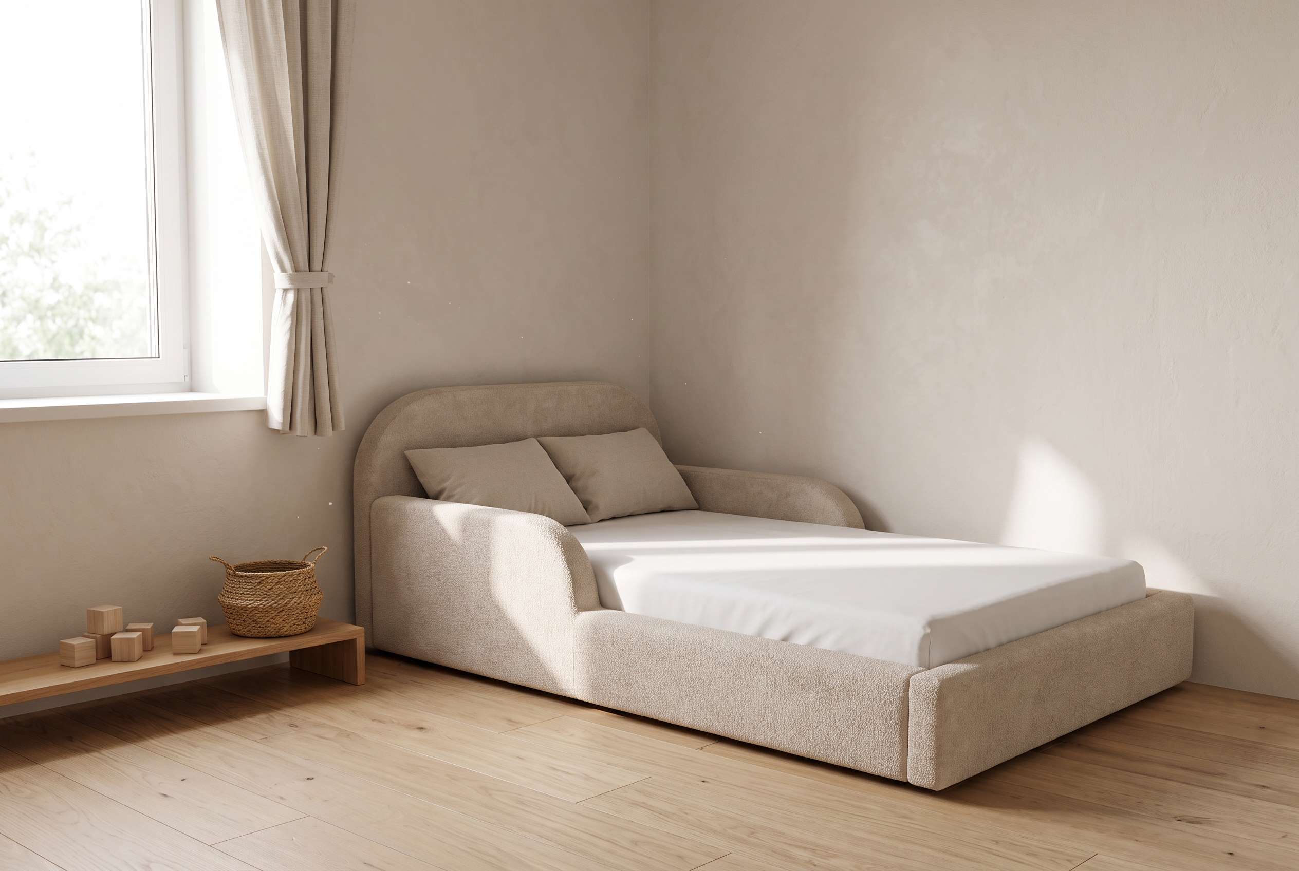 Gepolstertes Mila Cloud Kinderbett in Sandbeige vor einer schlichten Kalkputzwand im Morgenlicht