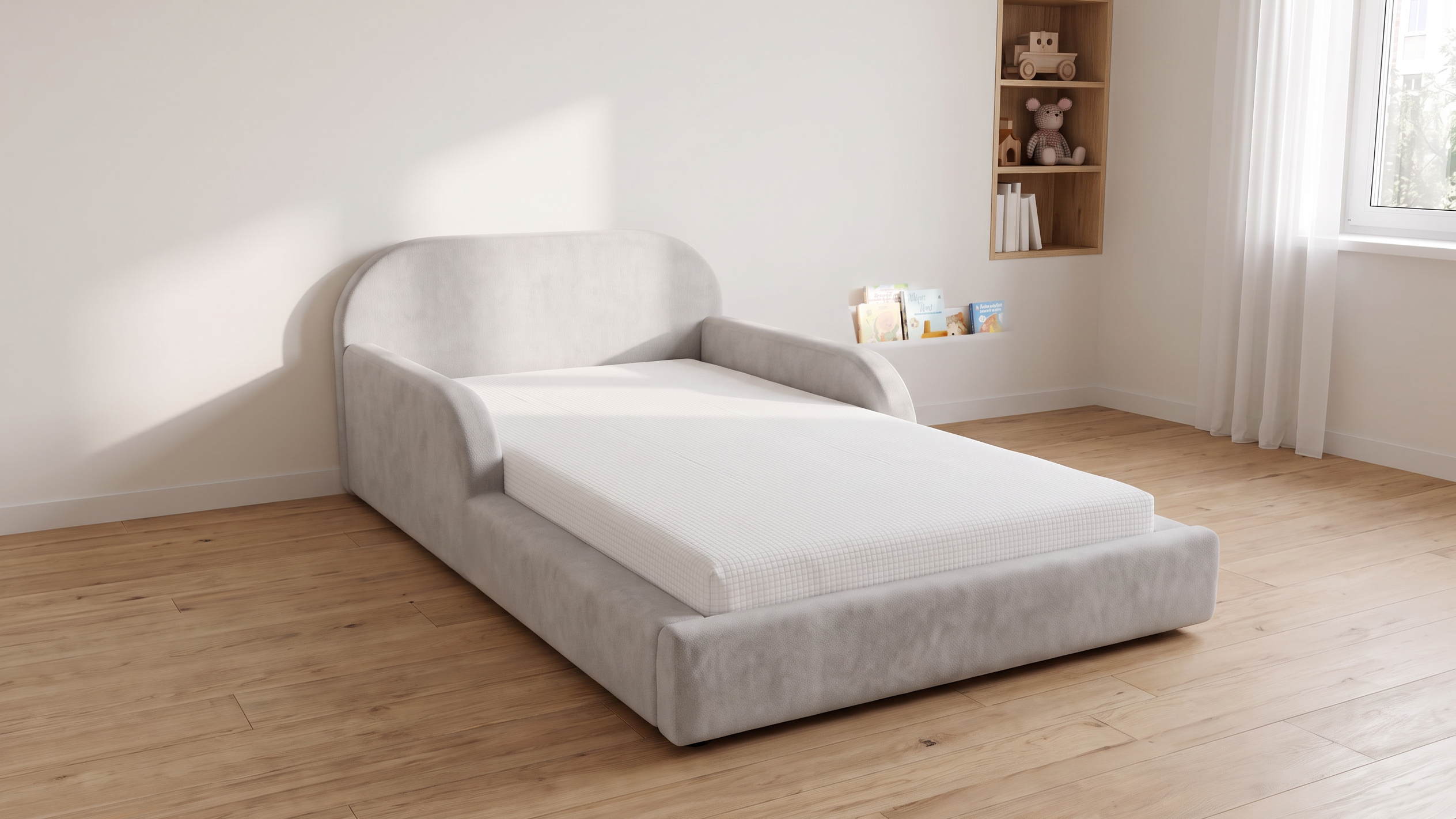 Schmales Kinderzimmer mit 90 cm breitem gepolstertem Kinderbett