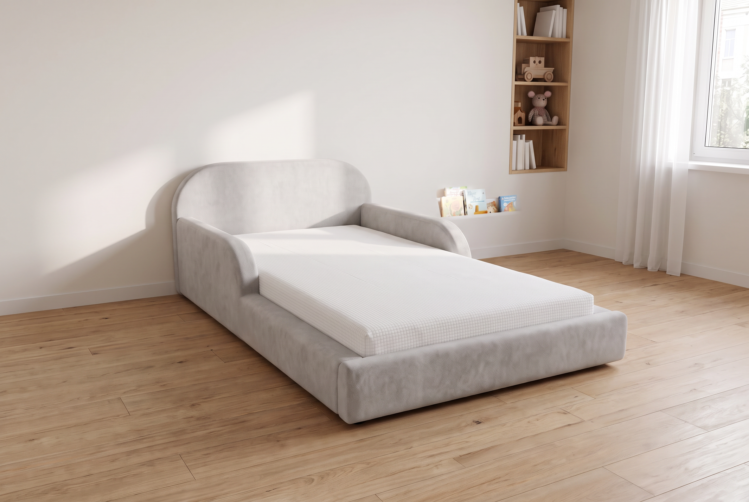 Schmales Kinderzimmer mit 90 cm breitem gepolstertem Kinderbett