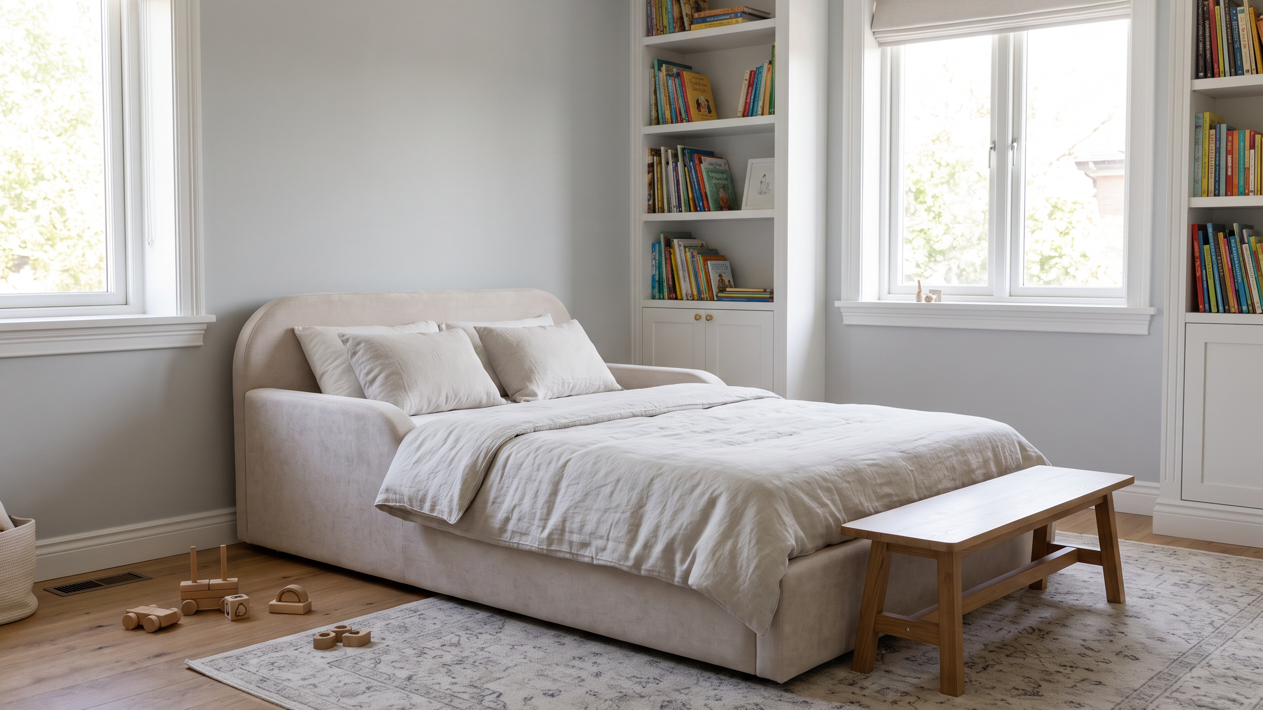 Breites gepolstertes Kinderbett in Sandbeige in einem hellen Zimmer