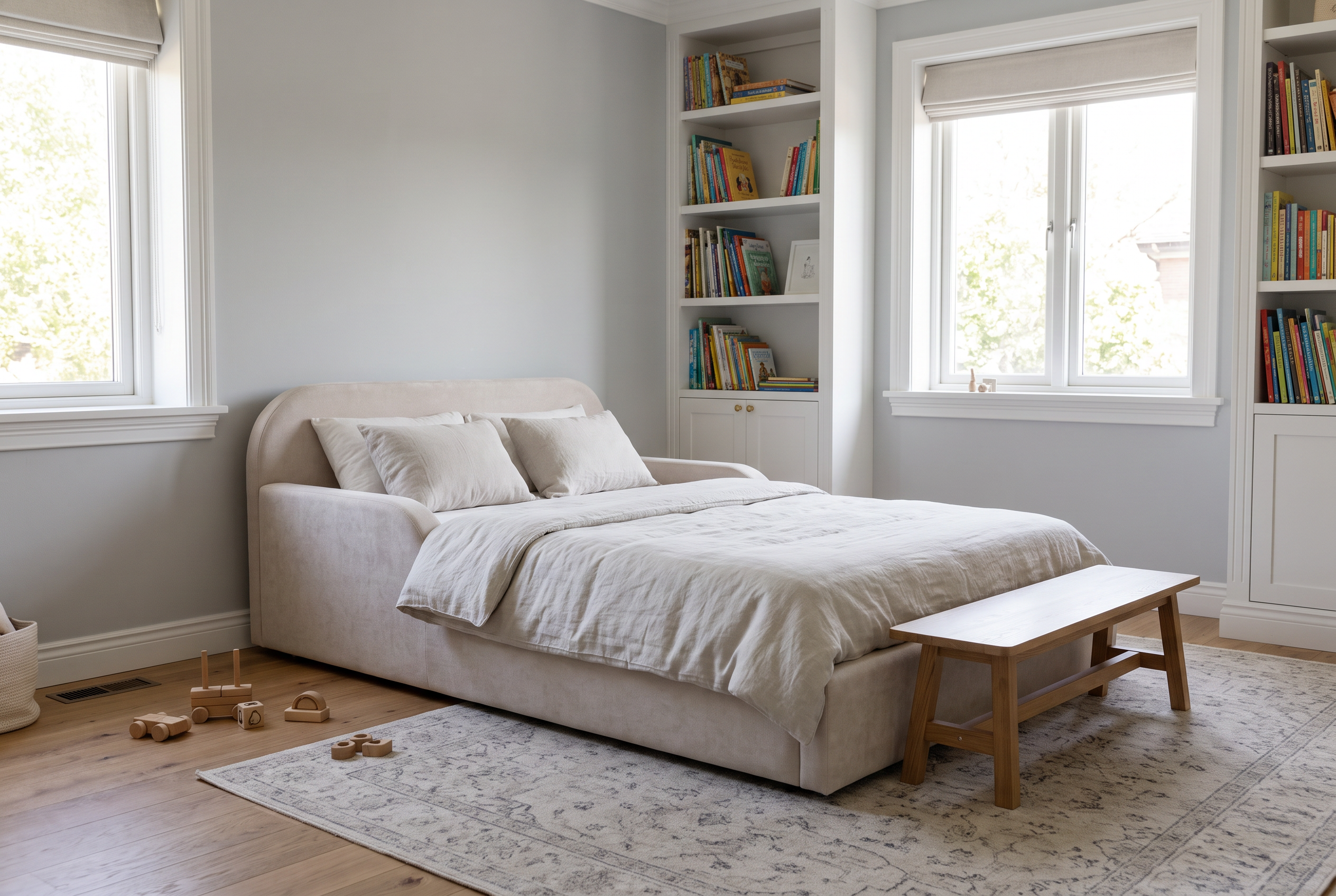 Breites gepolstertes Kinderbett in Sandbeige in einem hellen Zimmer