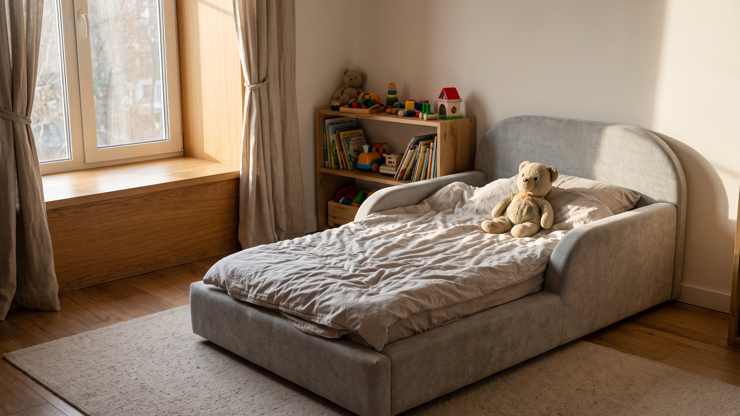 Gebrauchtes wirkendes gepolstertes Kinderbett in Nebelgrau im Alltag