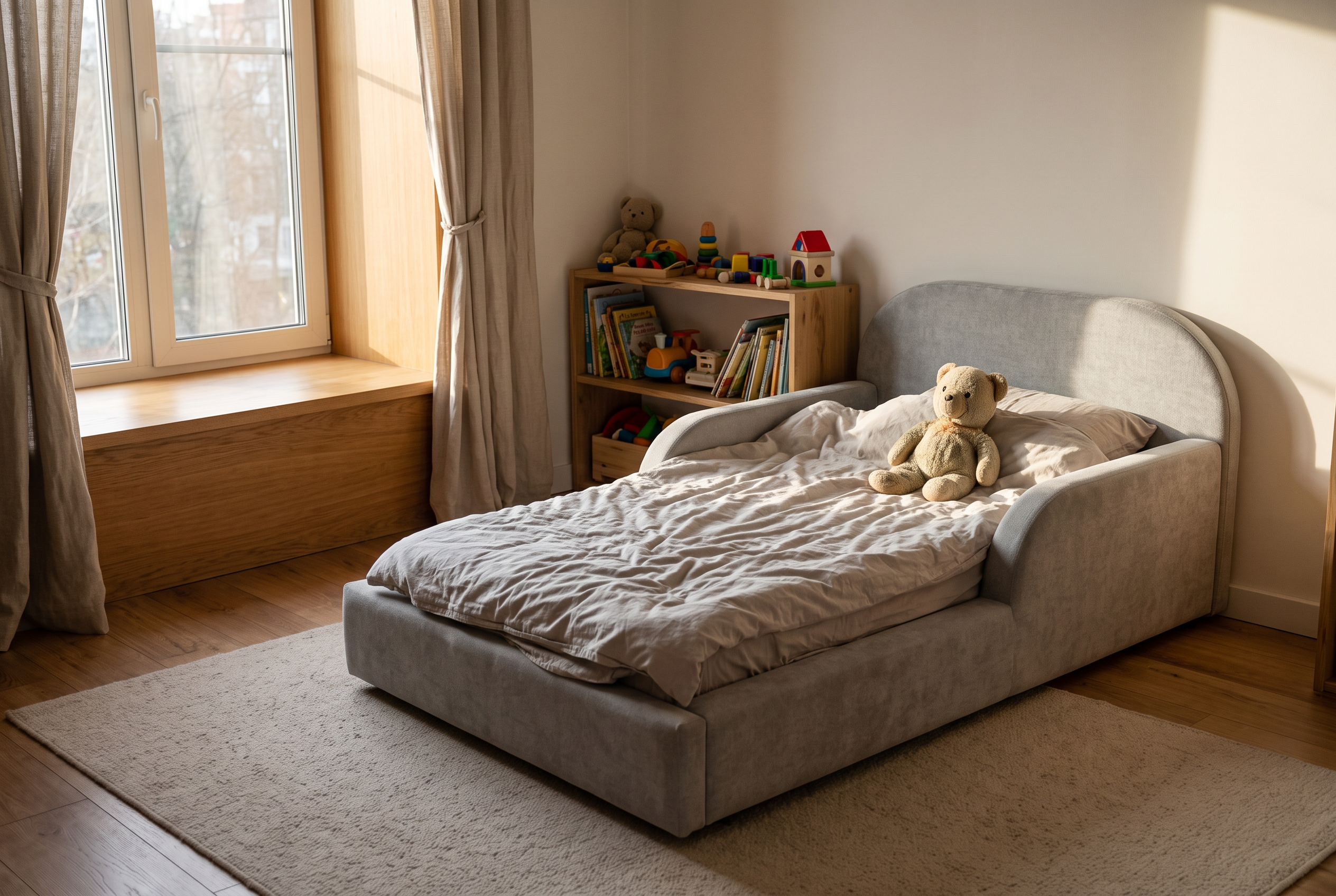 Gebrauchtes wirkendes gepolstertes Kinderbett in Nebelgrau im Alltag