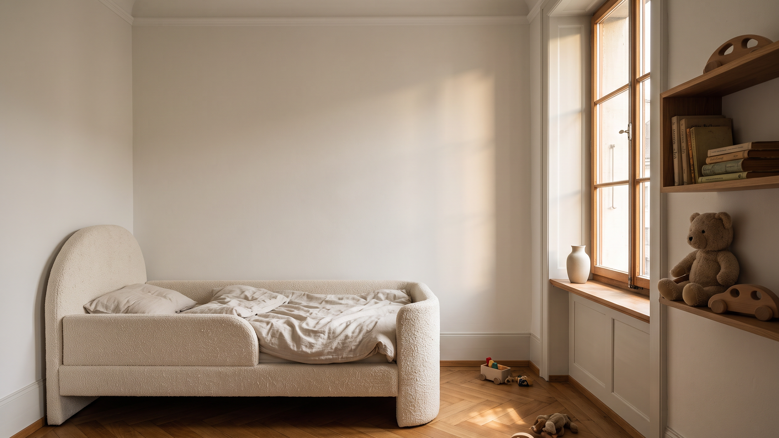 Mila Cloud Kinderbett in Creme in einem Altbauzimmer mit Fischgrätparkett