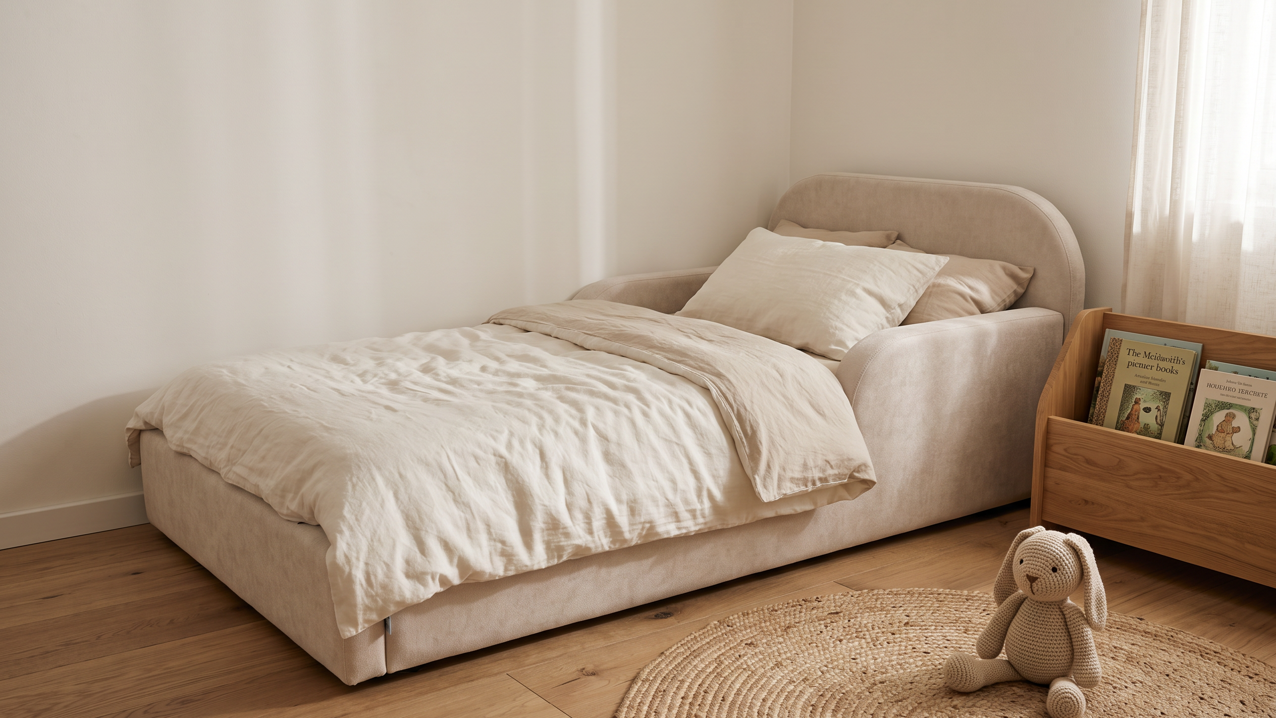 Gepolstertes Kinderbett in Sandbeige an einer schlichten weissen Wand