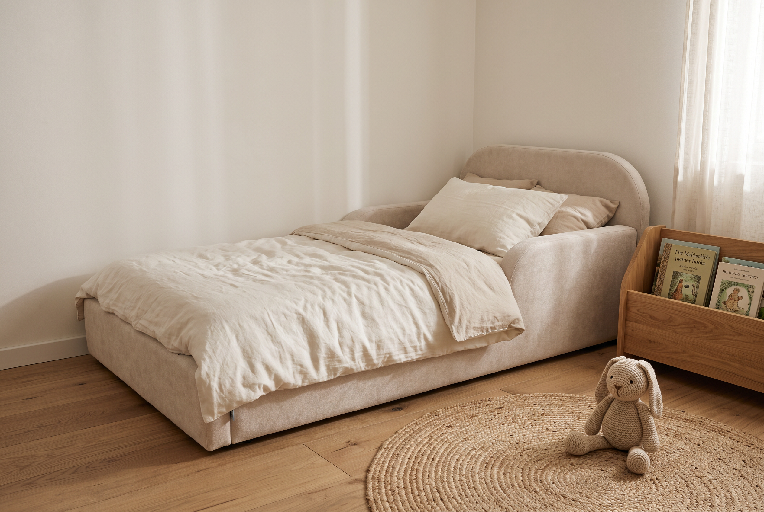 Gepolstertes Kinderbett in Sandbeige an einer schlichten weissen Wand