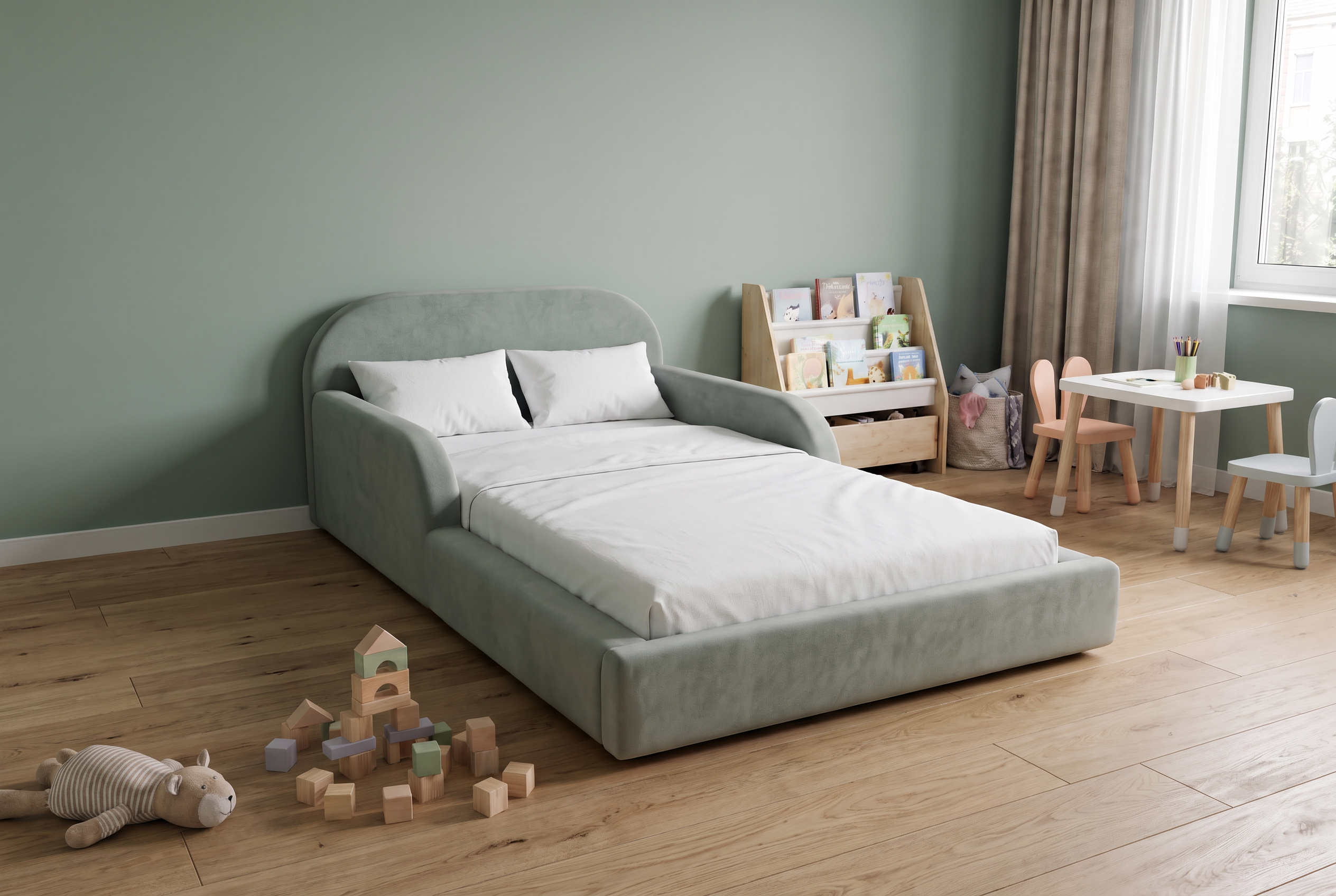 Kinderzimmer mit salbeigrüner Wand und gepolstertem Kinderbett