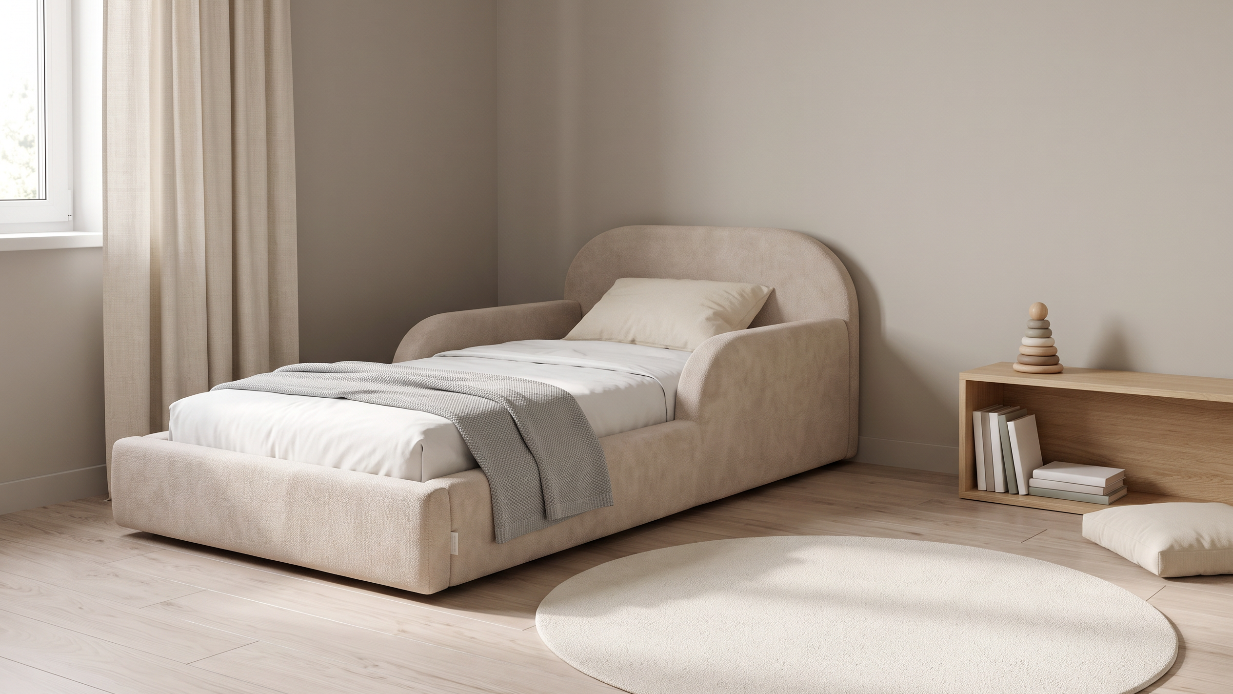 Aufgeräumtes Kinderzimmer mit Mila Cloud Kinderbett in Sandbeige, Leinenvorhängen und rundem Wollteppich im Morgenlicht