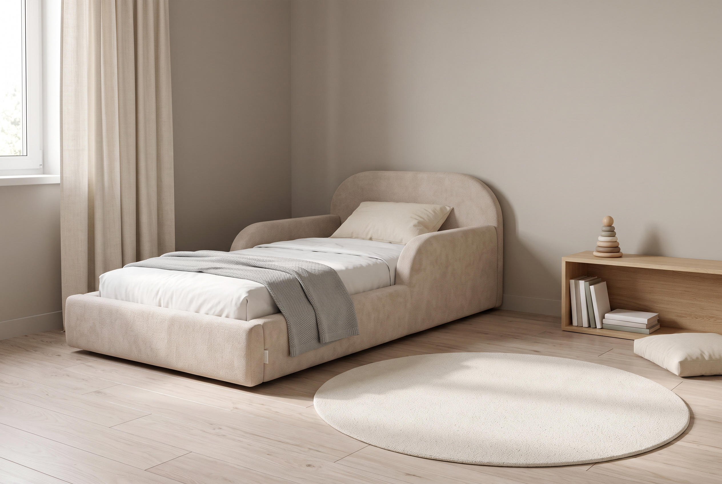 Aufgeräumtes Kinderzimmer mit Mila Cloud Kinderbett in Sandbeige, Leinenvorhängen und rundem Wollteppich im Morgenlicht