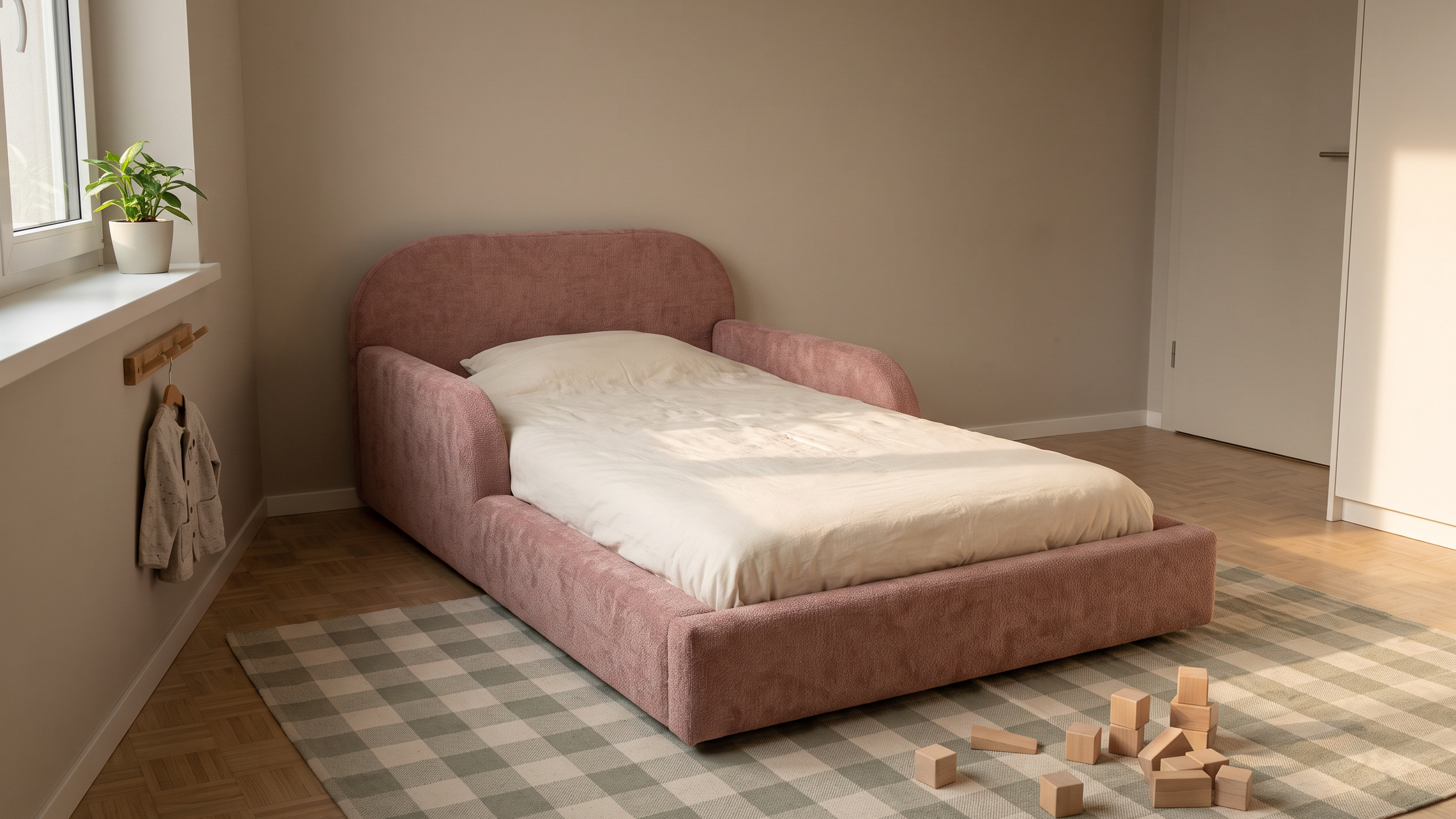 Niedriges gepolstertes Kinderbett Mila Cloud in einem ruhigen Kinderzimmer mit Holzbausteinen auf dem Teppich