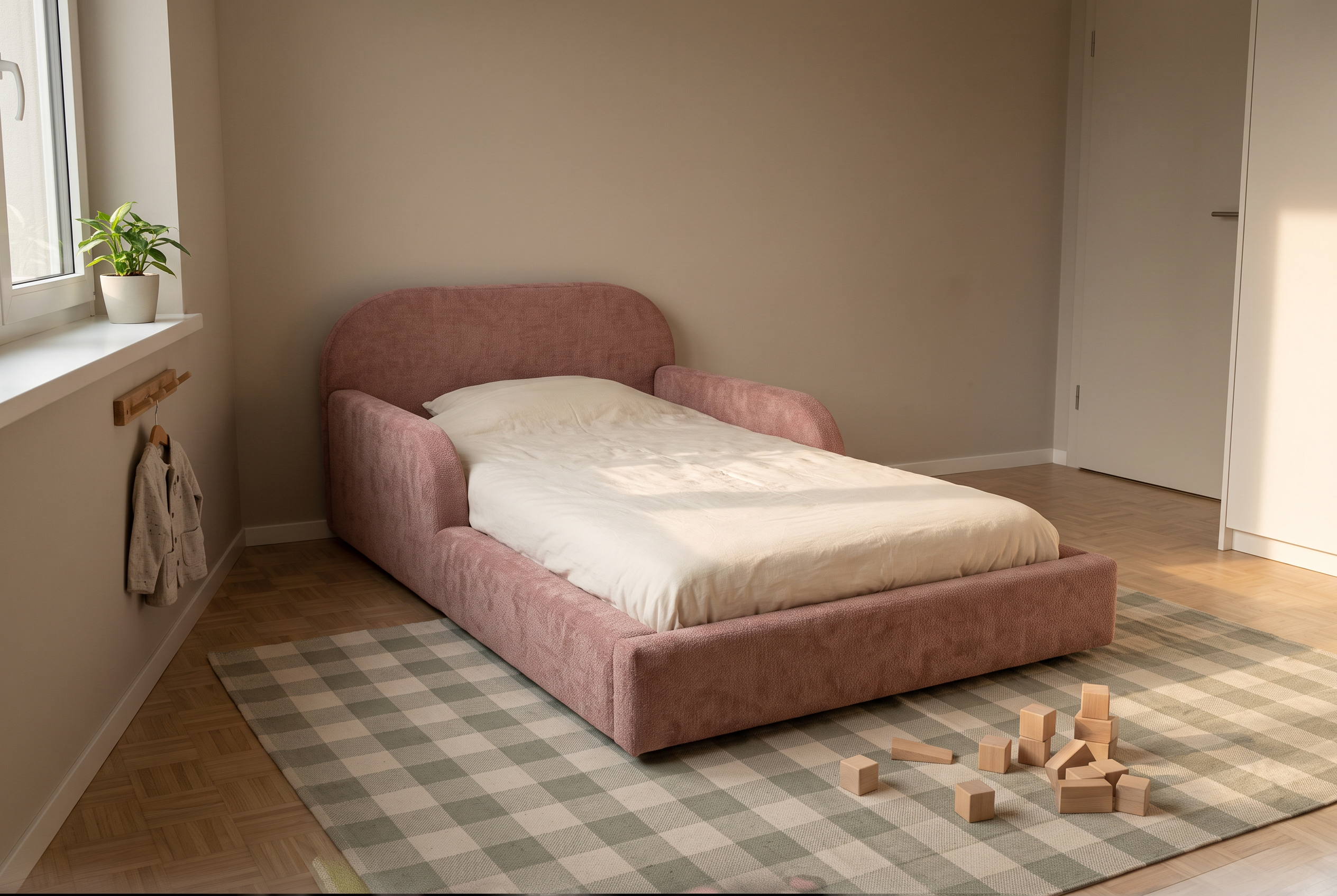 Niedriges gepolstertes Kinderbett Mila Cloud in einem ruhigen Kinderzimmer mit Holzbausteinen auf dem Teppich