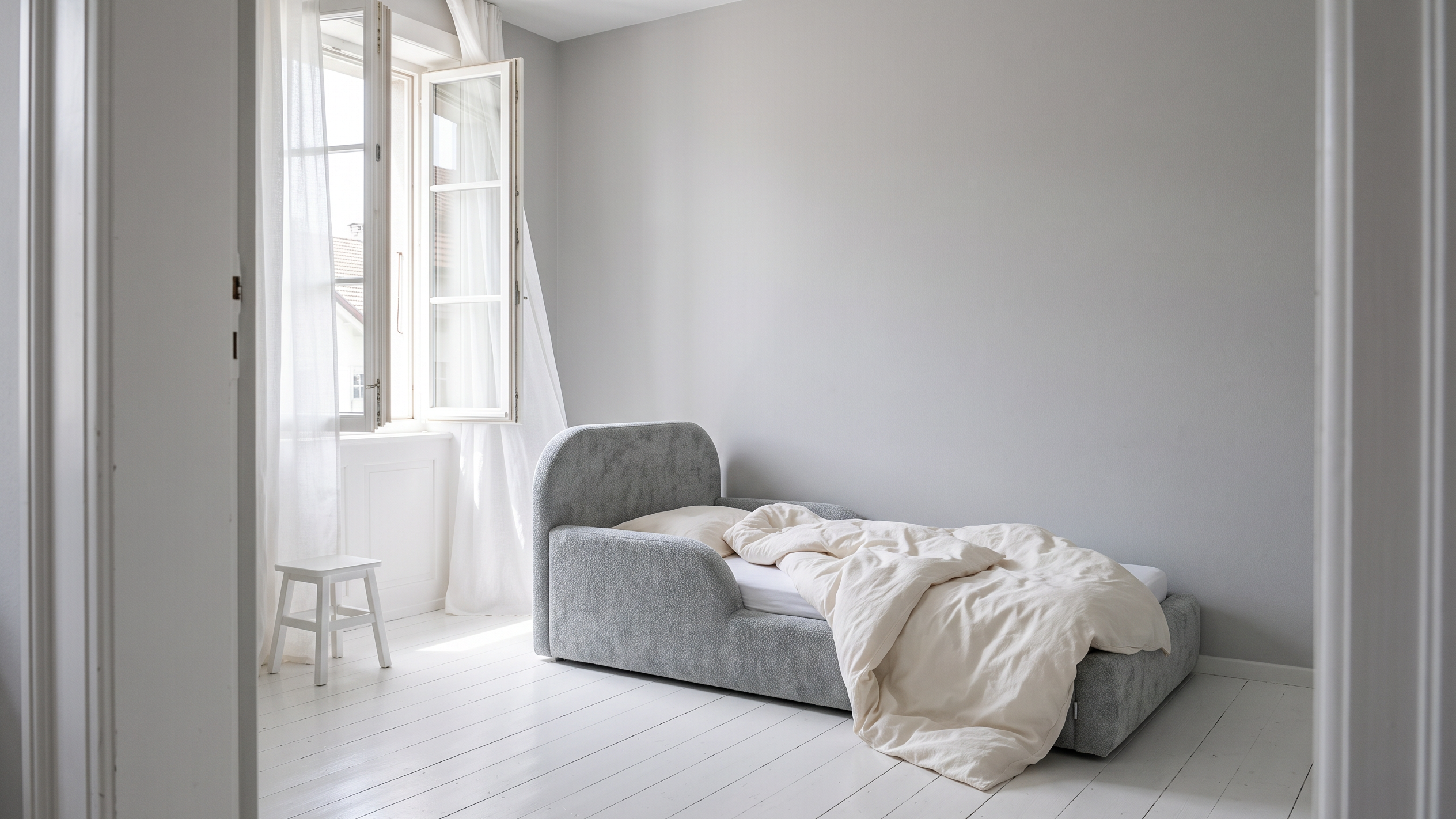 Kinderzimmer mit weit geoeffnetem Fenster und Mila Cloud Kinderbett in Nebelgrau, Bettdecke zum Auslueften zurueckgeschlagen