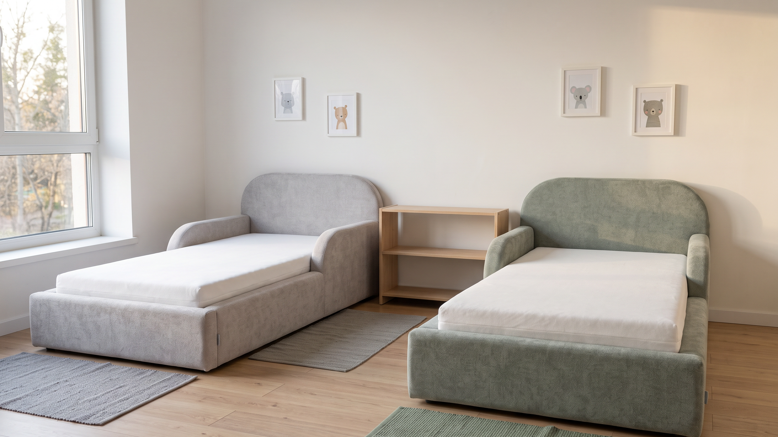 Geschwisterzimmer mit zwei Mila Cloud Kinderbetten in Hellgrau und Salbeigrau