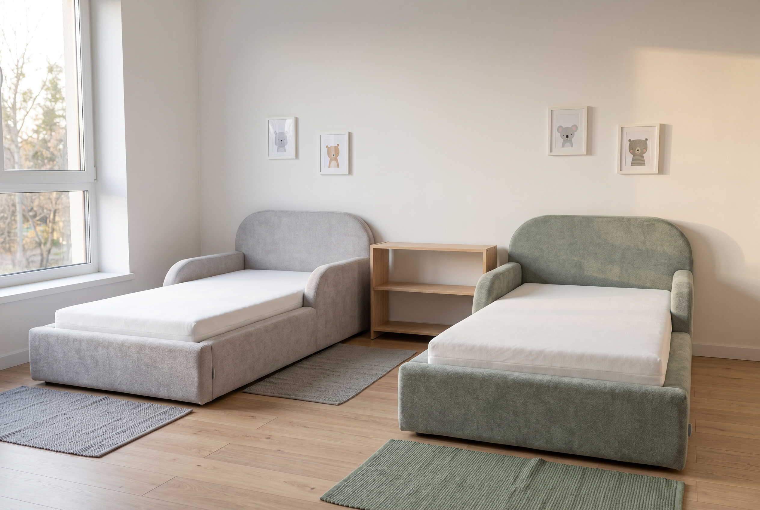 Geschwisterzimmer mit zwei Mila Cloud Kinderbetten in Hellgrau und Salbeigrau