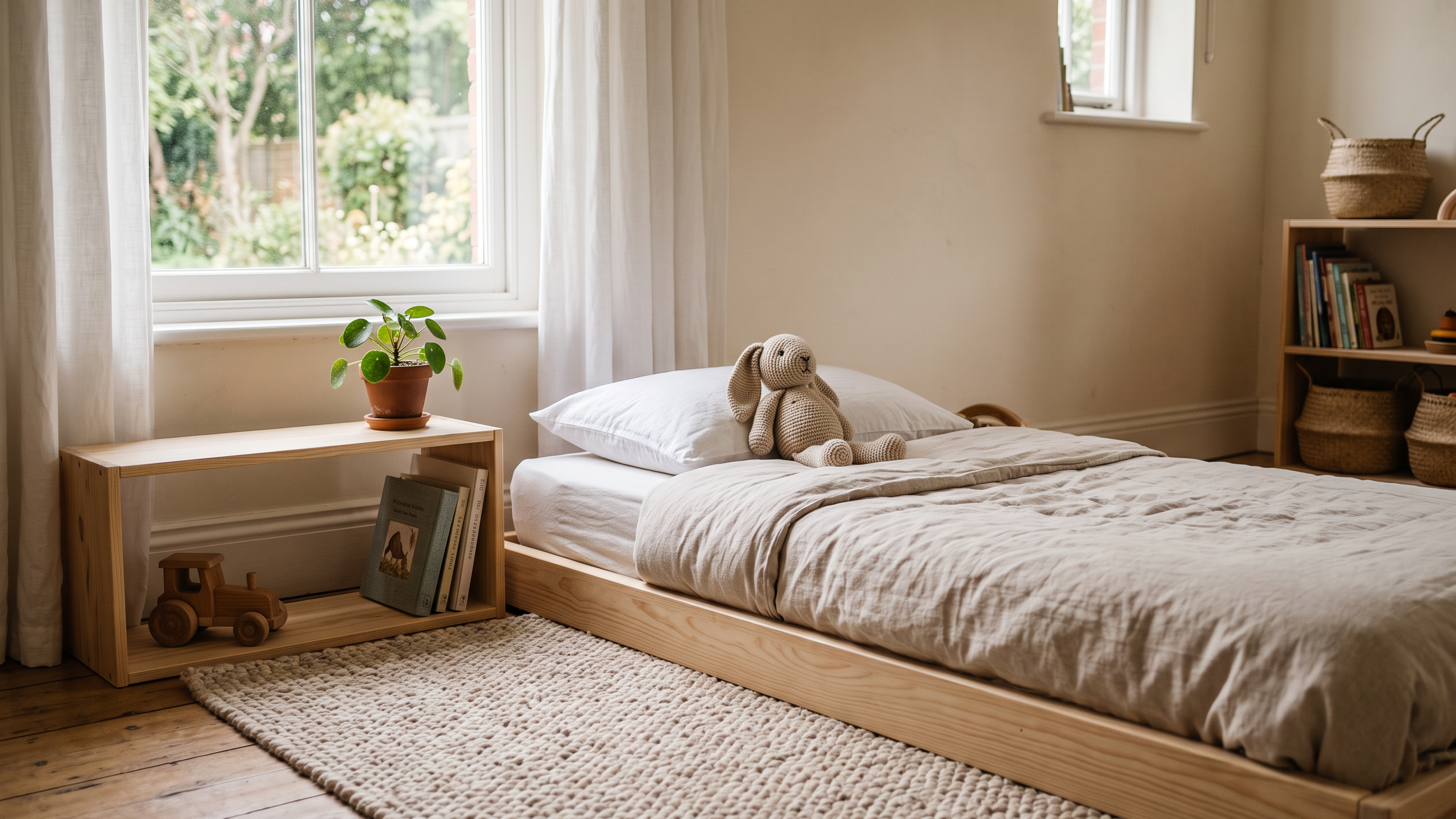 Niedriges Montessori-Bodenbett in einem schlicht eingerichteten Kinderzimmer