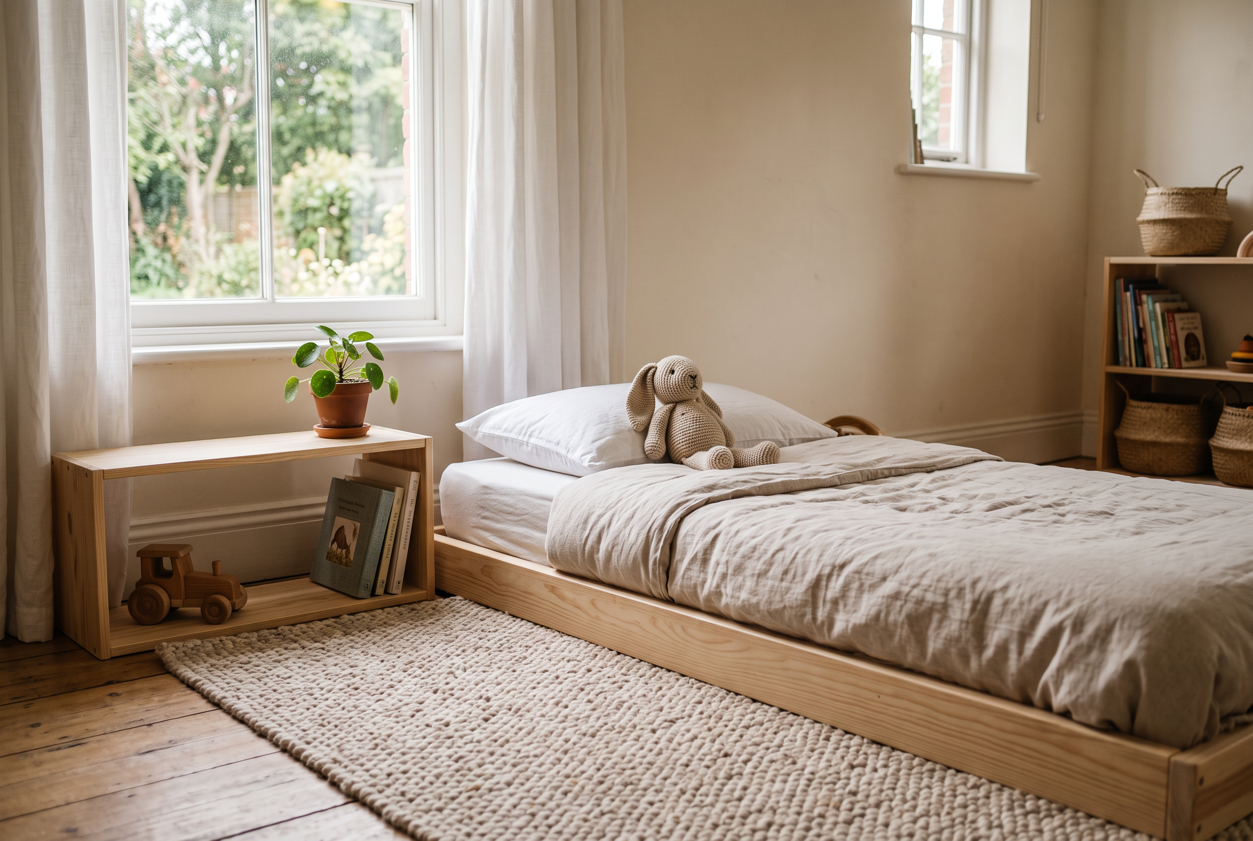 Niedriges Montessori-Bodenbett in einem schlicht eingerichteten Kinderzimmer
