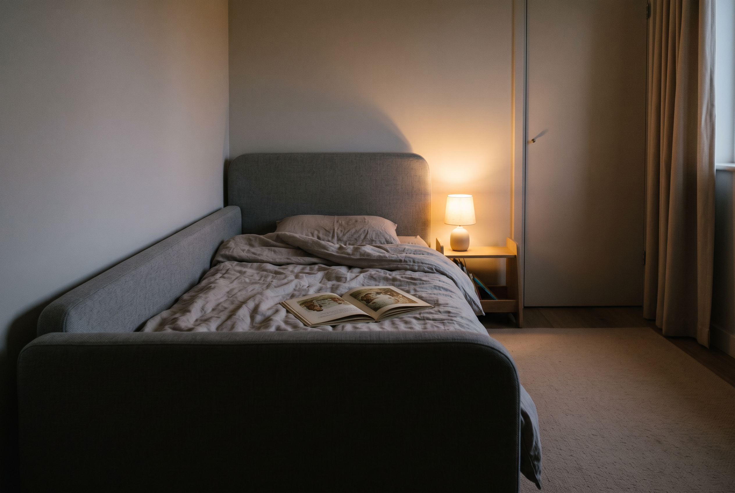 Gepolstertes Kinderbett am Abend im Licht einer Nachttischlampe