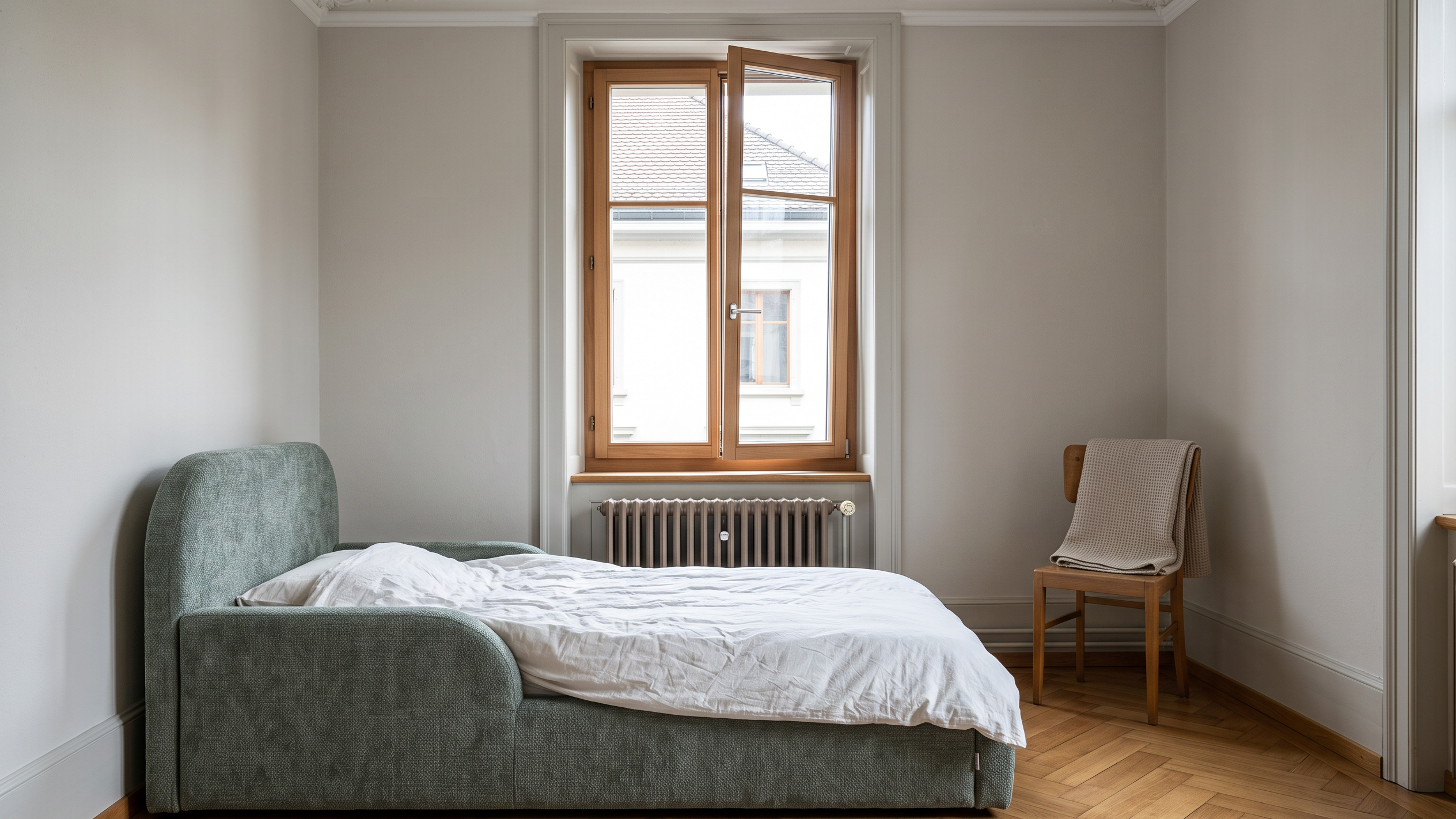 Kinderzimmer im Altbau mit gekipptem Fenster, Heizkörper und niedrigem gepolstertem Kinderbett