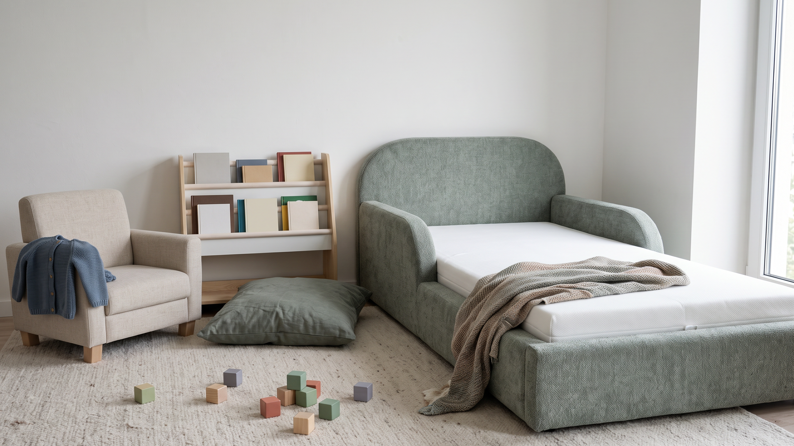 Mila Cloud Kinderbett in Salbeigrau mit Leseecke und Sessel im Kinderzimmer