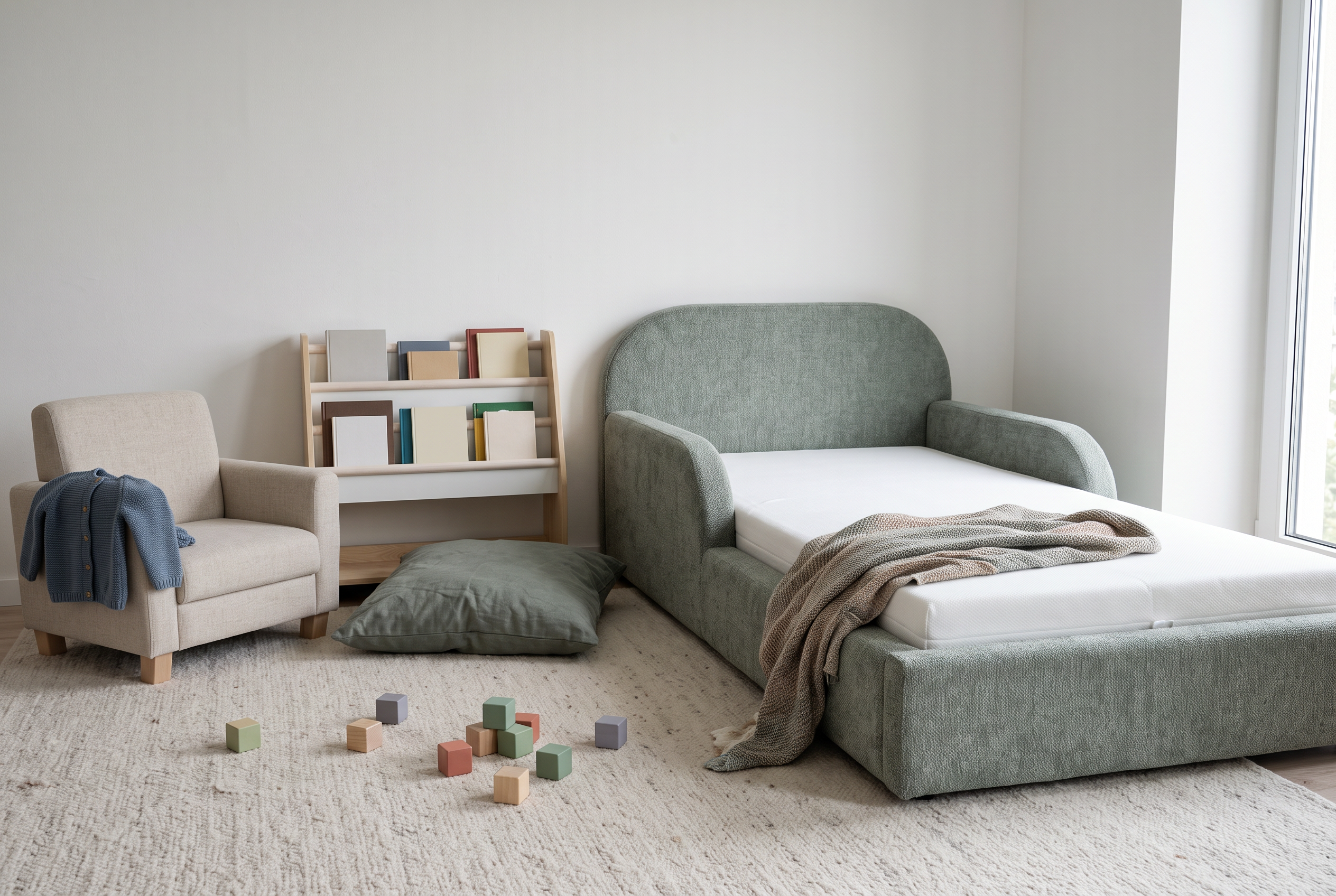Mila Cloud Kinderbett in Salbeigrau mit Leseecke und Sessel im Kinderzimmer