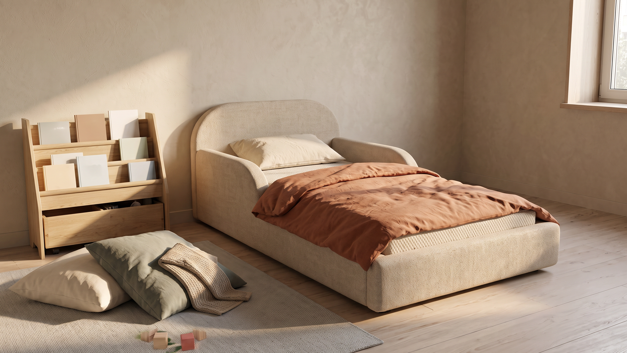 Mila Cloud Kinderbett in Sandbeige mit terrakottafarbener Leinenbettwäsche neben einer Leseecke im goldenen Nachmittagslicht
