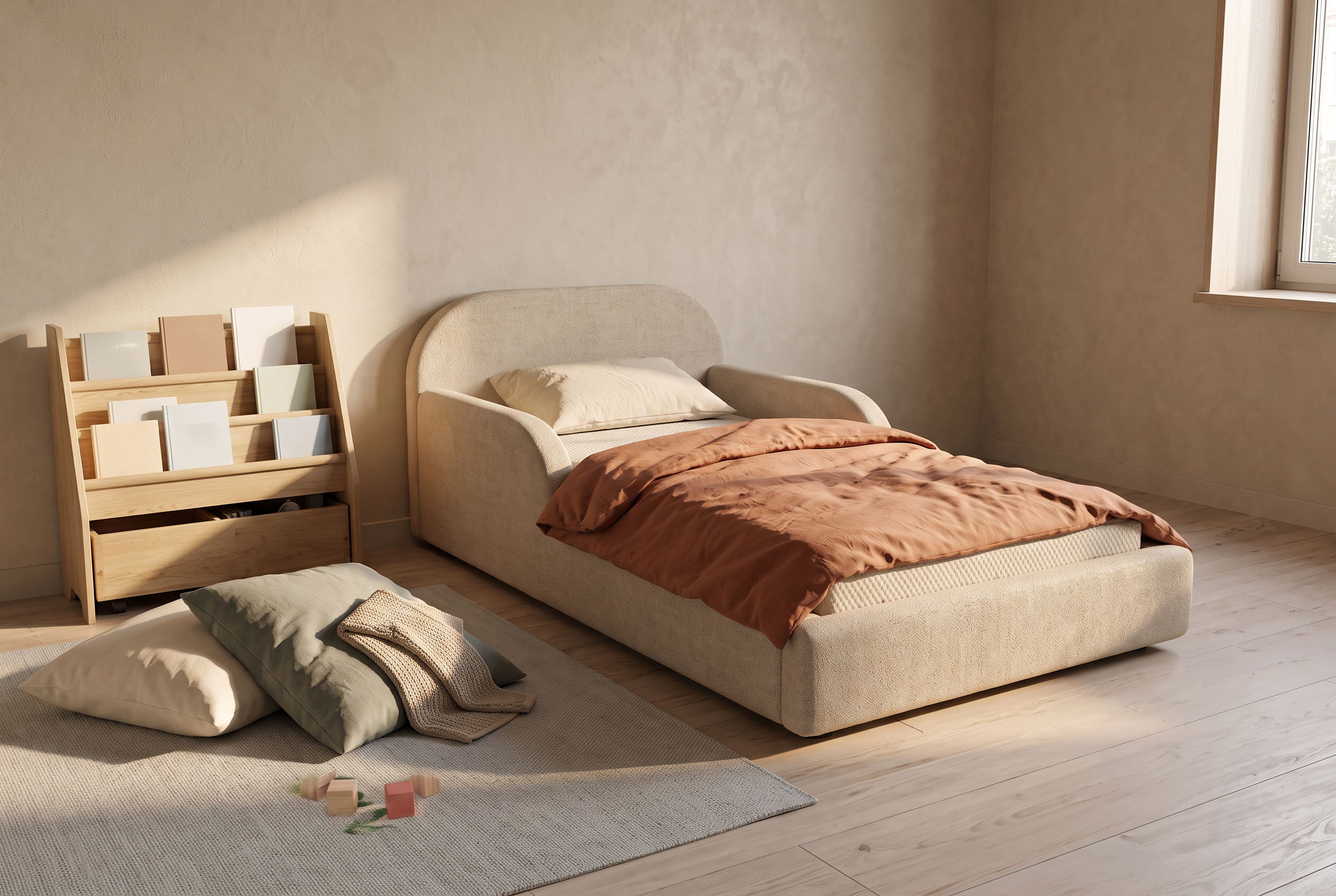 Mila Cloud Kinderbett in Sandbeige mit terrakottafarbener Leinenbettwäsche neben einer Leseecke im goldenen Nachmittagslicht